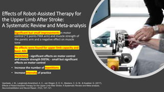 Effects of Robot-Assisted Therapy for
the Upper Limb After Stroke:
A Systematic Review and Meta-analysis
• Significant but small improvements in motor
control (~2 points FMA arm) and muscle strength of
the paretic arm and a negative effect on muscle
tone
• No effects were found for upper limb capacity and
basic ADL
• PROXIMAL - significant effects on motor control
and muscle strength DISTAL - small but significant
effects on motor control
• Increase the number of repetitions
• Increase intensity of practice
Veerbeek, J. M., Langbroek-Amersfoort, A. C., van Wegen, E. E. H., Meskers, C. G. M., & Kwakkel, G. (2017).
Effects of Robot-Assisted Therapy for the Upper Limb After Stroke: A Systematic Review and Meta-analysis.
Neurorehabilitation and Neural Repair, 31(2), 107–121.
 