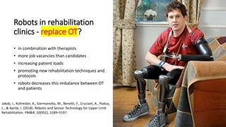 Robots in rehabilitation
clinics - replace OT?
• in combination with therapists
• more job vacancies than candidates
• increasing patient loads
• promoting new rehabilitation techniques and
protocols
• robots decreases this imbalance between OT
and patients
Jakob, I., Kollreider, A., Germanotta, M., Benetti, F., Cruciani, A., Padua,
L., & Aprile, I. (2018). Robotic and Sensor Technology for Upper Limb
Rehabilitation. PM&R, 10(9S2), S189–S197.
 