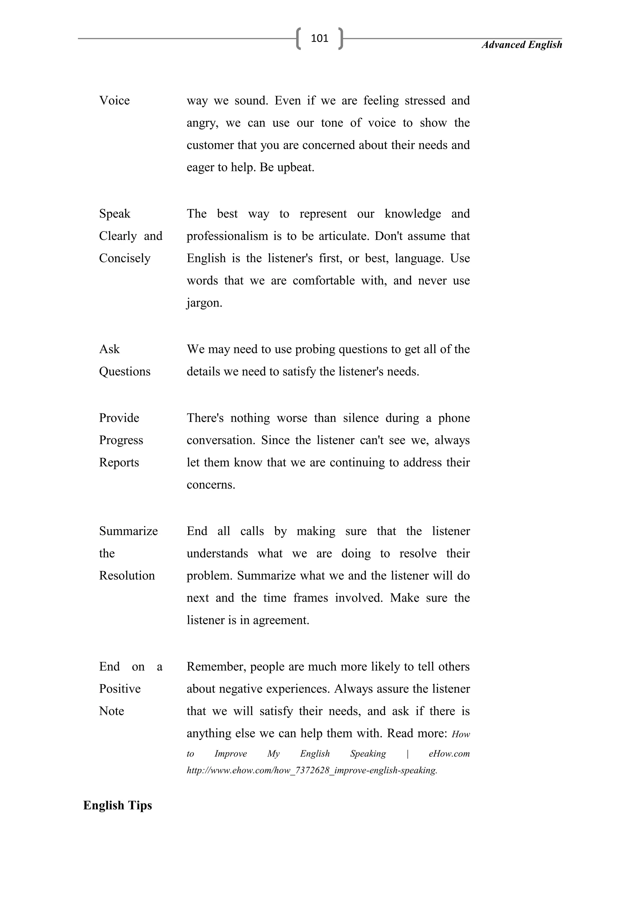 Advanced English
101
Voice way we sound. Even if we are feeling stressed and
angry, we can use our tone of voice to show the
customer that you are concerned about their needs and
eager to help. Be upbeat.
Speak
Clearly and
Concisely
The best way to represent our knowledge and
professionalism is to be articulate. Don't assume that
English is the listener's first, or best, language. Use
words that we are comfortable with, and never use
jargon.
Ask
Questions
We may need to use probing questions to get all of the
details we need to satisfy the listener's needs.
Provide
Progress
Reports
There's nothing worse than silence during a phone
conversation. Since the listener can't see we, always
let them know that we are continuing to address their
concerns.
Summarize
the
Resolution
End all calls by making sure that the listener
understands what we are doing to resolve their
problem. Summarize what we and the listener will do
next and the time frames involved. Make sure the
listener is in agreement.
End on a
Positive
Note
Remember, people are much more likely to tell others
about negative experiences. Always assure the listener
that we will satisfy their needs, and ask if there is
anything else we can help them with. Read more: How
to Improve My English Speaking | eHow.com
http://www.ehow.com/how_7372628_improve-english-speaking.
English Tips
 