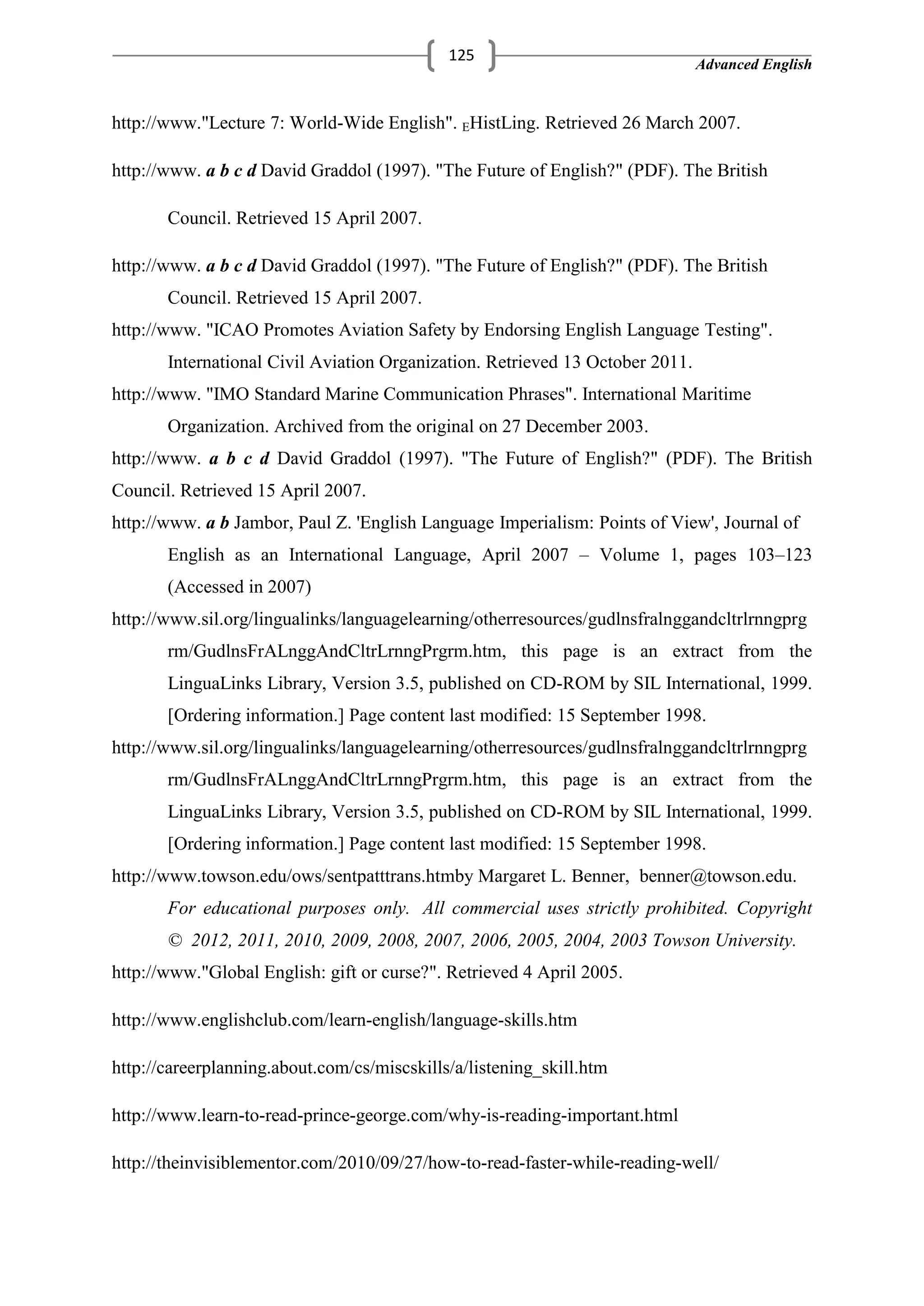 Advanced English
125
http://www."Lecture 7: World-Wide English". EHistLing. Retrieved 26 March 2007.
http://www. a b c d David Graddol (1997). "The Future of English?" (PDF). The British
Council. Retrieved 15 April 2007.
http://www. a b c d David Graddol (1997). "The Future of English?" (PDF). The British
Council. Retrieved 15 April 2007.
http://www. "ICAO Promotes Aviation Safety by Endorsing English Language Testing".
International Civil Aviation Organization. Retrieved 13 October 2011.
http://www. "IMO Standard Marine Communication Phrases". International Maritime
Organization. Archived from the original on 27 December 2003.
http://www. a b c d David Graddol (1997). "The Future of English?" (PDF). The British
Council. Retrieved 15 April 2007.
http://www. a b Jambor, Paul Z. 'English Language Imperialism: Points of View', Journal of
English as an International Language, April 2007 – Volume 1, pages 103–123
(Accessed in 2007)
http://www.sil.org/lingualinks/languagelearning/otherresources/gudlnsfralnggandcltrlrnngprg
rm/GudlnsFrALnggAndCltrLrnngPrgrm.htm, this page is an extract from the
LinguaLinks Library, Version 3.5, published on CD-ROM by SIL International, 1999.
[Ordering information.] Page content last modified: 15 September 1998.
http://www.sil.org/lingualinks/languagelearning/otherresources/gudlnsfralnggandcltrlrnngprg
rm/GudlnsFrALnggAndCltrLrnngPrgrm.htm, this page is an extract from the
LinguaLinks Library, Version 3.5, published on CD-ROM by SIL International, 1999.
[Ordering information.] Page content last modified: 15 September 1998.
http://www.towson.edu/ows/sentpatttrans.htmby Margaret L. Benner, benner@towson.edu.
For educational purposes only. All commercial uses strictly prohibited. Copyright
© 2012, 2011, 2010, 2009, 2008, 2007, 2006, 2005, 2004, 2003 Towson University.
http://www."Global English: gift or curse?". Retrieved 4 April 2005.
http://www.englishclub.com/learn-english/language-skills.htm
http://careerplanning.about.com/cs/miscskills/a/listening_skill.htm
http://www.learn-to-read-prince-george.com/why-is-reading-important.html
http://theinvisiblementor.com/2010/09/27/how-to-read-faster-while-reading-well/
 