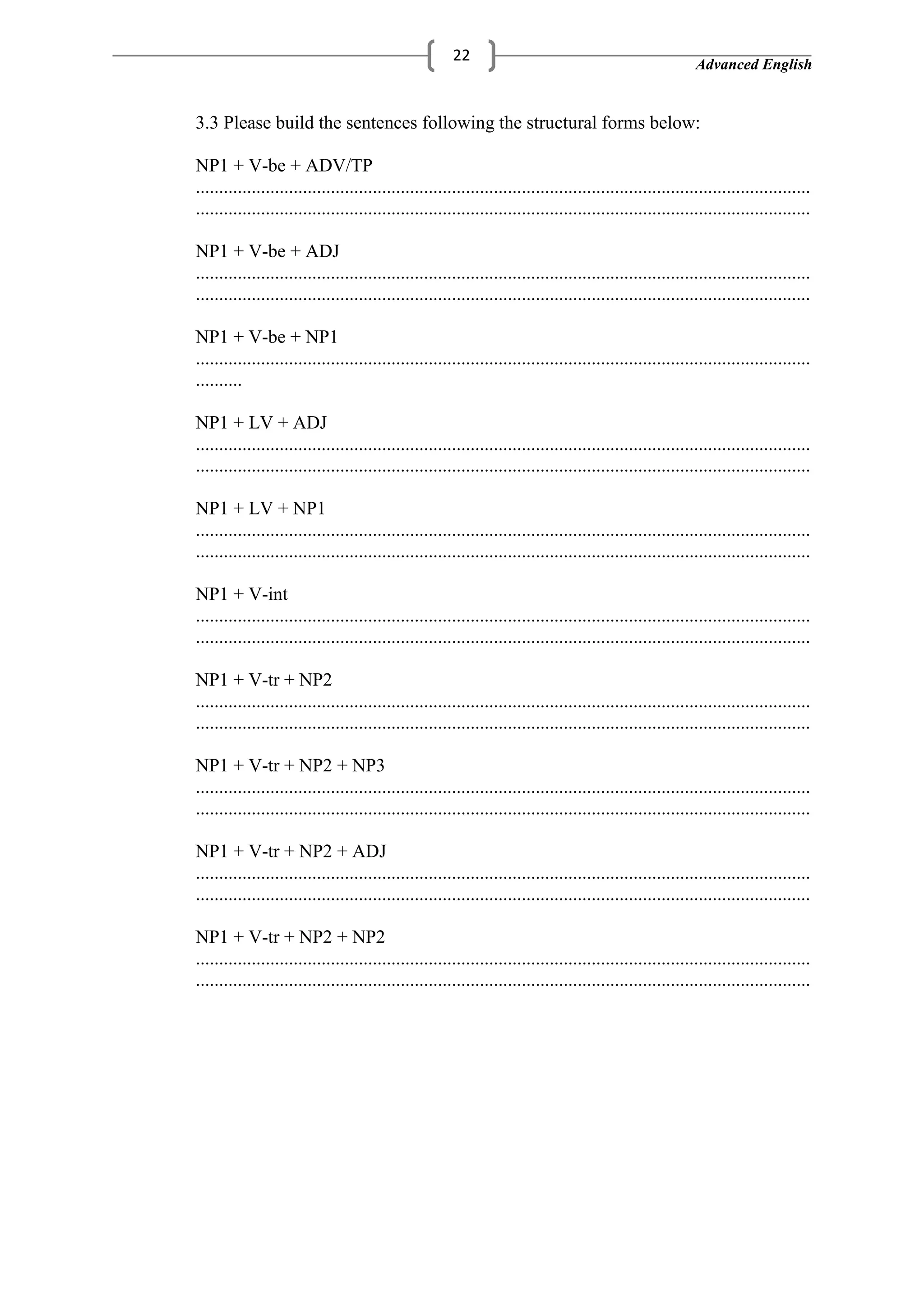 Advanced English
22
3.3 Please build the sentences following the structural forms below:
NP1 + V-be + ADV/TP
....................................................................................................................................
....................................................................................................................................
NP1 + V-be + ADJ
....................................................................................................................................
....................................................................................................................................
NP1 + V-be + NP1
....................................................................................................................................
..........
NP1 + LV + ADJ
....................................................................................................................................
....................................................................................................................................
NP1 + LV + NP1
....................................................................................................................................
....................................................................................................................................
NP1 + V-int
....................................................................................................................................
....................................................................................................................................
NP1 + V-tr + NP2
....................................................................................................................................
....................................................................................................................................
NP1 + V-tr + NP2 + NP3
....................................................................................................................................
....................................................................................................................................
NP1 + V-tr + NP2 + ADJ
....................................................................................................................................
....................................................................................................................................
NP1 + V-tr + NP2 + NP2
....................................................................................................................................
....................................................................................................................................
 