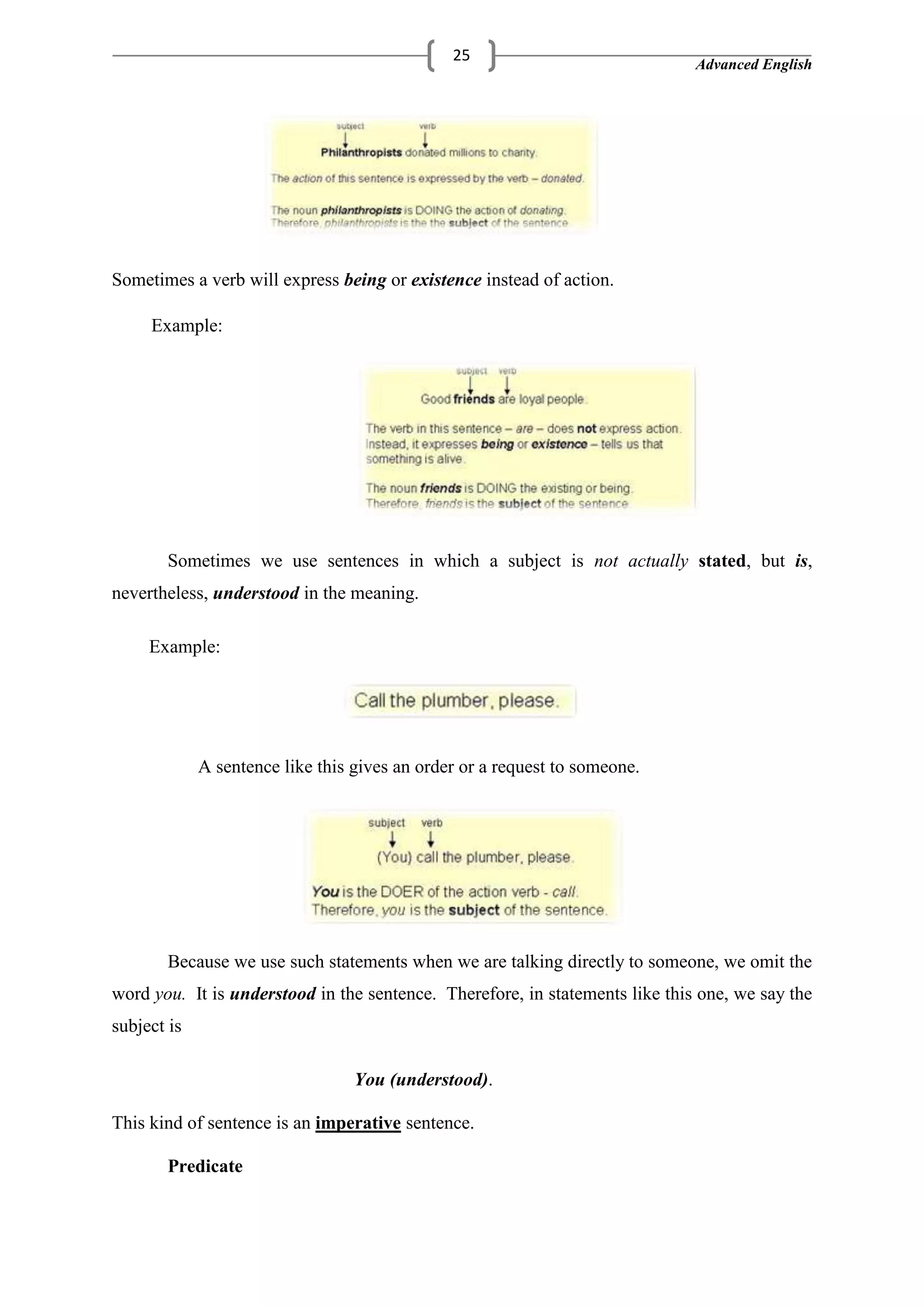 Advanced English
25
Sometimes a verb will express being or existence instead of action.
Example:
Sometimes we use sentences in which a subject is not actually stated, but is,
nevertheless, understood in the meaning.
Example:
A sentence like this gives an order or a request to someone.
Because we use such statements when we are talking directly to someone, we omit the
word you. It is understood in the sentence. Therefore, in statements like this one, we say the
subject is
You (understood).
This kind of sentence is an imperative sentence.
Predicate
 