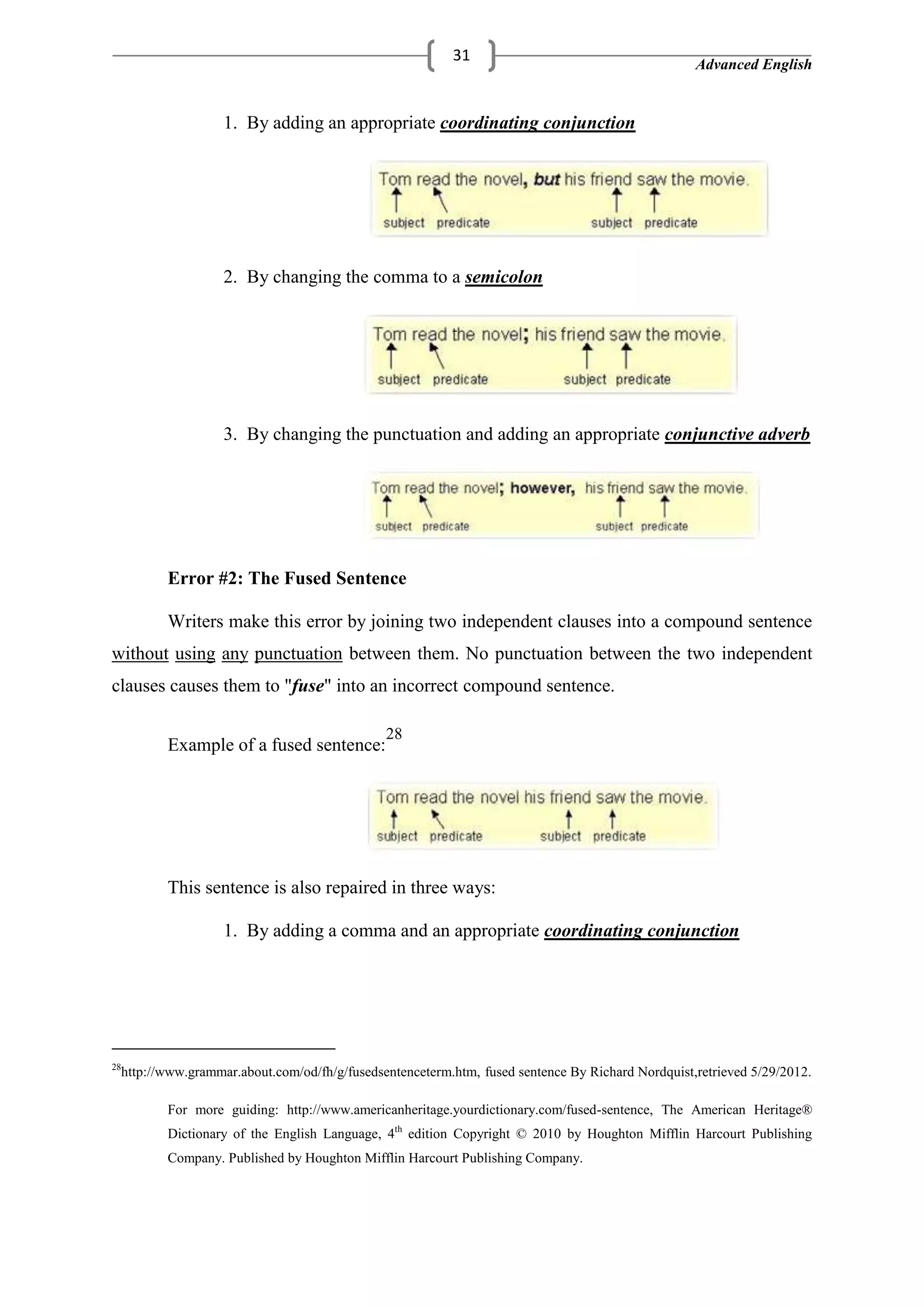Advanced English
31
1. By adding an appropriate coordinating conjunction
2. By changing the comma to a semicolon
3. By changing the punctuation and adding an appropriate conjunctive adverb
Error #2: The Fused Sentence
Writers make this error by joining two independent clauses into a compound sentence
without using any punctuation between them. No punctuation between the two independent
clauses causes them to "fuse" into an incorrect compound sentence.
Example of a fused sentence:
28
This sentence is also repaired in three ways:
1. By adding a comma and an appropriate coordinating conjunction
28
http://www.grammar.about.com/od/fh/g/fusedsentenceterm.htm, fused sentence By Richard Nordquist,retrieved 5/29/2012.
For more guiding: http://www.americanheritage.yourdictionary.com/fused-sentence, The American Heritage®
Dictionary of the English Language, 4th
edition Copyright © 2010 by Houghton Mifflin Harcourt Publishing
Company. Published by Houghton Mifflin Harcourt Publishing Company.
 