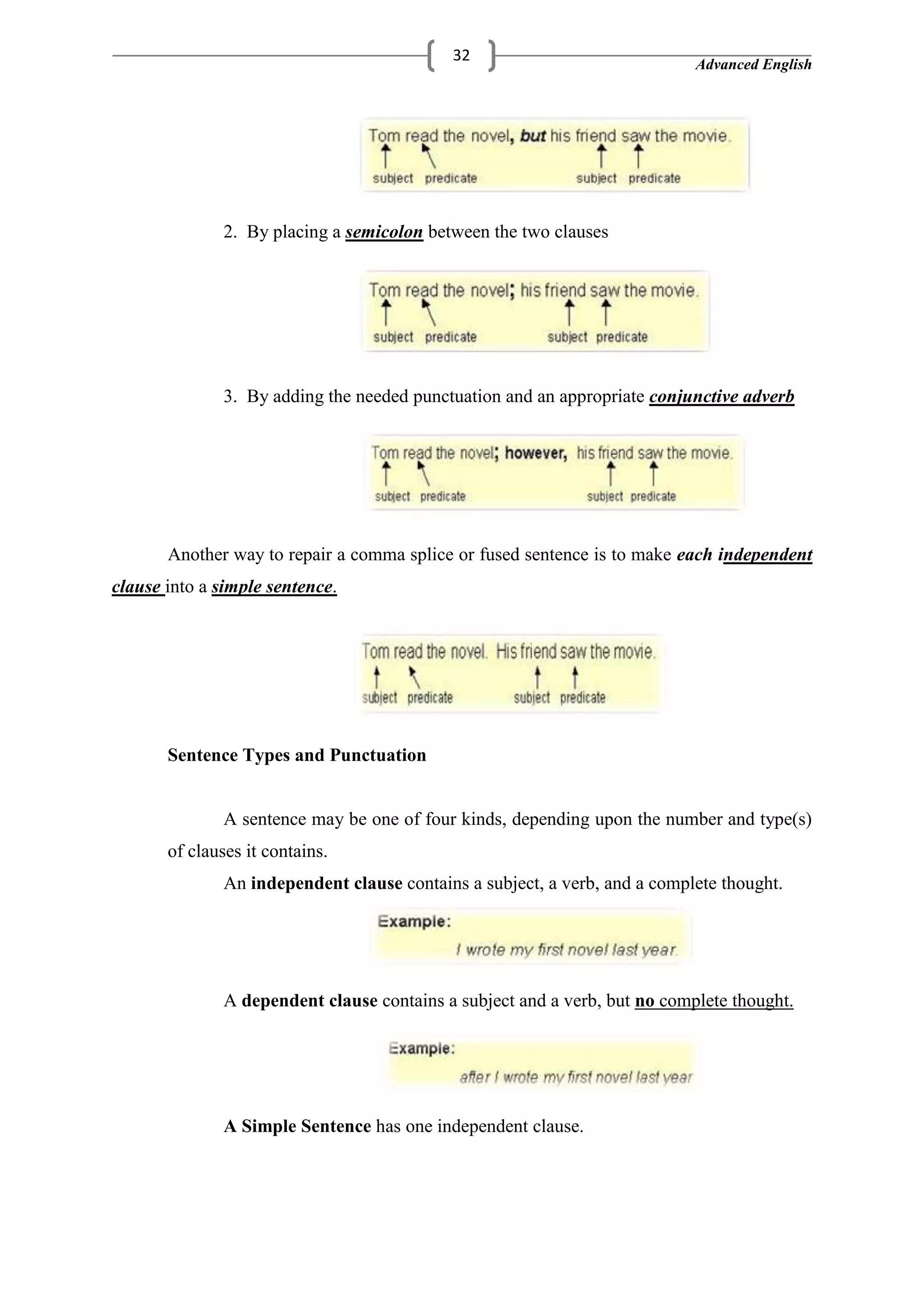 Advanced English
32
2. By placing a semicolon between the two clauses
3. By adding the needed punctuation and an appropriate conjunctive adverb
Another way to repair a comma splice or fused sentence is to make each independent
clause into a simple sentence.
Sentence Types and Punctuation
A sentence may be one of four kinds, depending upon the number and type(s)
of clauses it contains.
An independent clause contains a subject, a verb, and a complete thought.
A dependent clause contains a subject and a verb, but no complete thought.
A Simple Sentence has one independent clause.
 