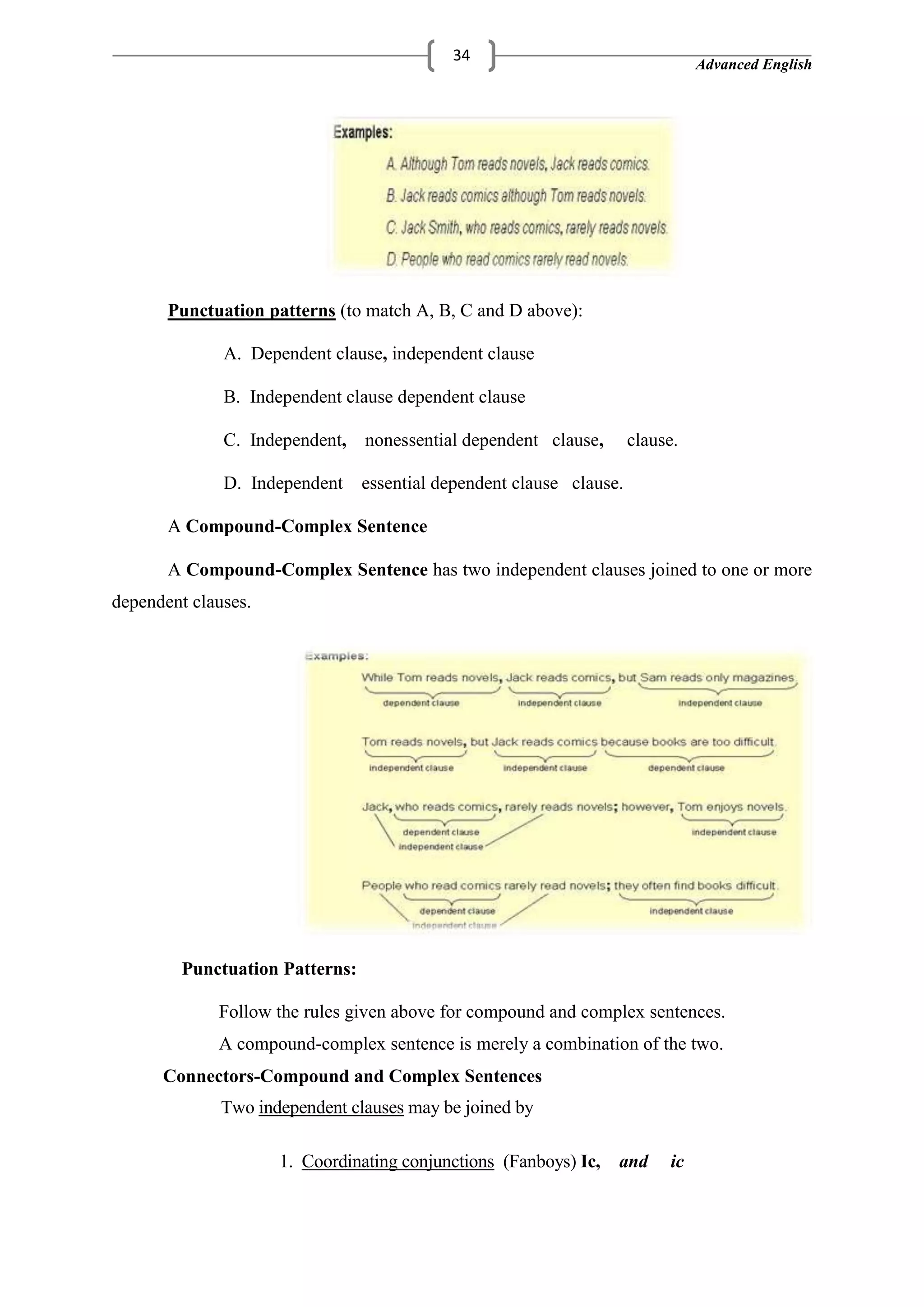 Advanced English
34
Punctuation patterns (to match A, B, C and D above):
A. Dependent clause, independent clause
B. Independent clause dependent clause
C. Independent, nonessential dependent clause, clause.
D. Independent essential dependent clause clause.
A Compound-Complex Sentence
A Compound-Complex Sentence has two independent clauses joined to one or more
dependent clauses.
Punctuation Patterns:
Follow the rules given above for compound and complex sentences.
A compound-complex sentence is merely a combination of the two.
Connectors-Compound and Complex Sentences
Two independent clauses may be joined by
1. Coordinating conjunctions (Fanboys) Ic, and ic
 
