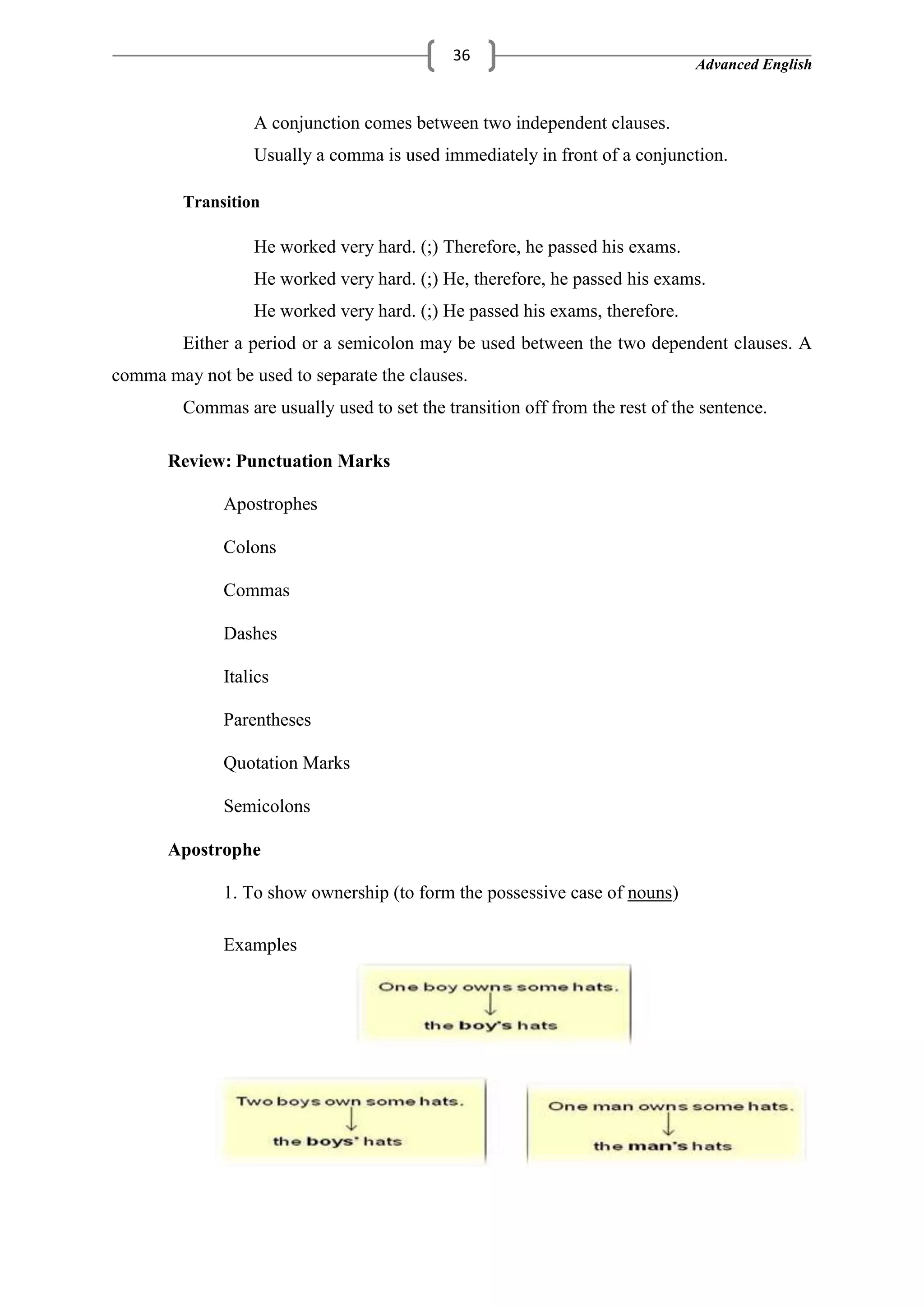 Advanced English
36
A conjunction comes between two independent clauses.
Usually a comma is used immediately in front of a conjunction.
Transition
He worked very hard. (;) Therefore, he passed his exams.
He worked very hard. (;) He, therefore, he passed his exams.
He worked very hard. (;) He passed his exams, therefore.
Either a period or a semicolon may be used between the two dependent clauses. A
comma may not be used to separate the clauses.
Commas are usually used to set the transition off from the rest of the sentence.
Review: Punctuation Marks
Apostrophes
Colons
Commas
Dashes
Italics
Parentheses
Quotation Marks
Semicolons
Apostrophe
1. To show ownership (to form the possessive case of nouns)
Examples
 