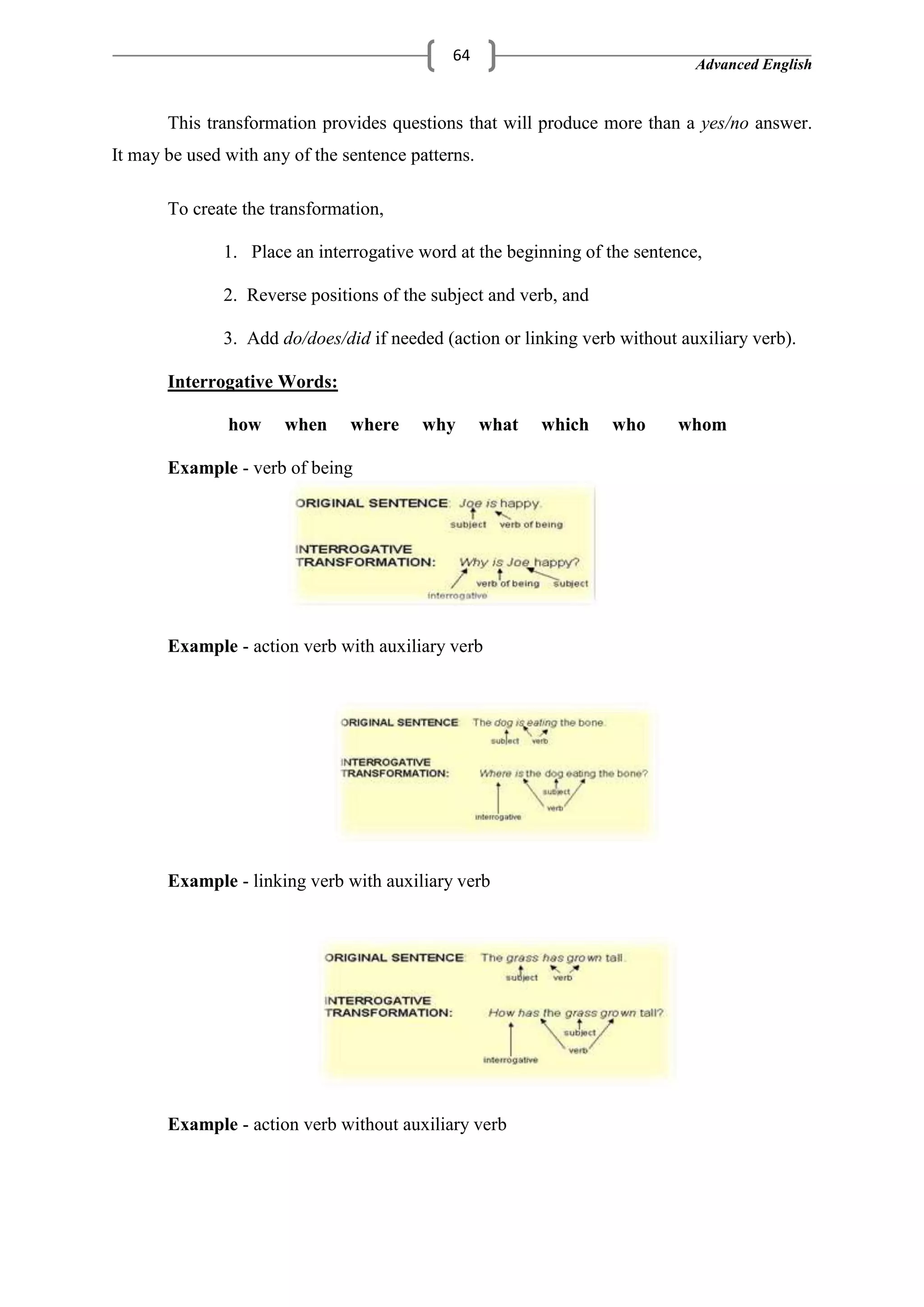 Advanced English
64
This transformation provides questions that will produce more than a yes/no answer.
It may be used with any of the sentence patterns.
To create the transformation,
1. Place an interrogative word at the beginning of the sentence,
2. Reverse positions of the subject and verb, and
3. Add do/does/did if needed (action or linking verb without auxiliary verb).
Interrogative Words:
how when where why what which who whom
Example - verb of being
Example - action verb with auxiliary verb
Example - linking verb with auxiliary verb
Example - action verb without auxiliary verb
 