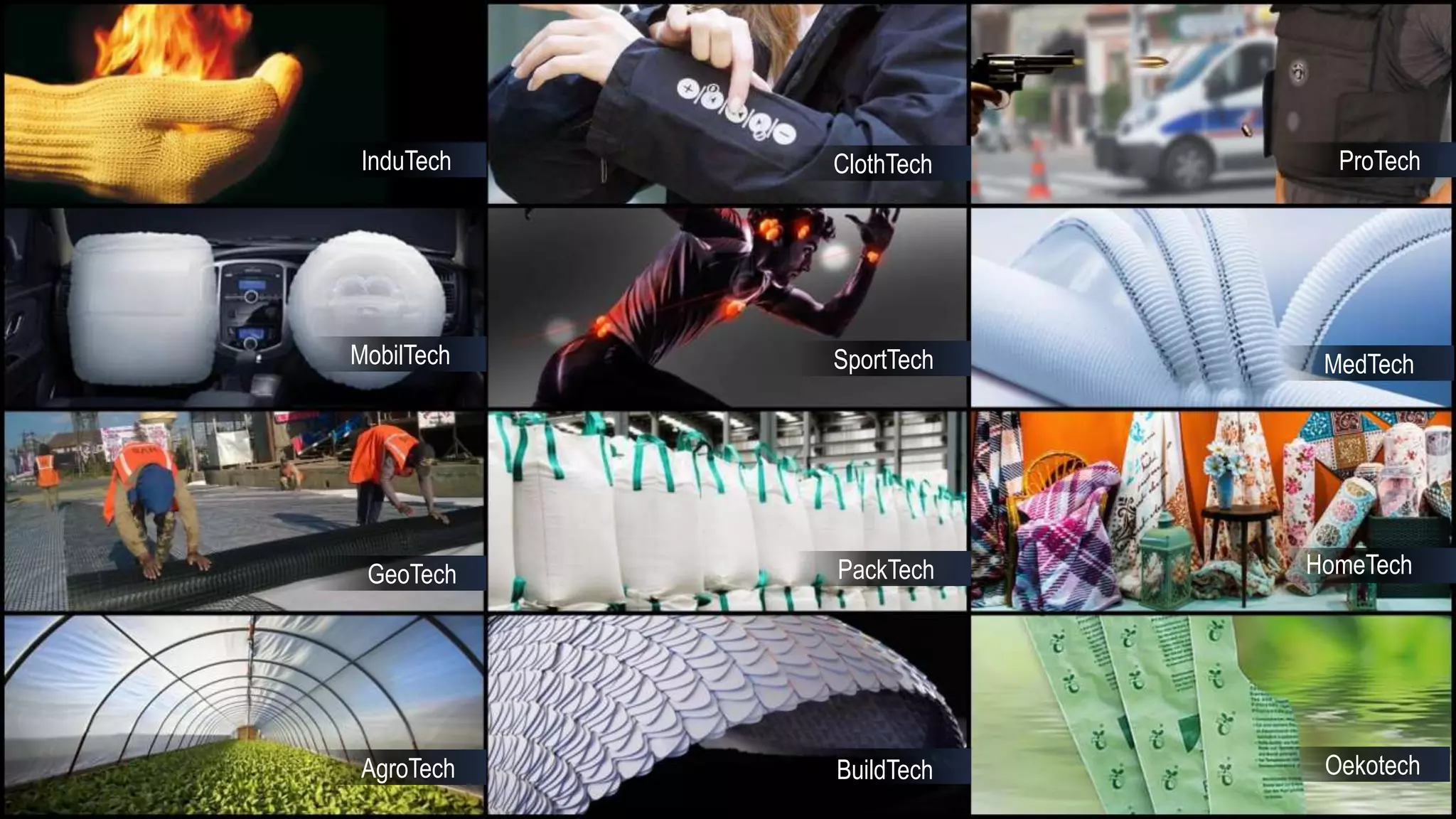 InduTech ClothTech ProTech
MobilTech SportTech MedTech
GeoTech PackTech HomeTech
AgroTech BuildTech Oekotech
 