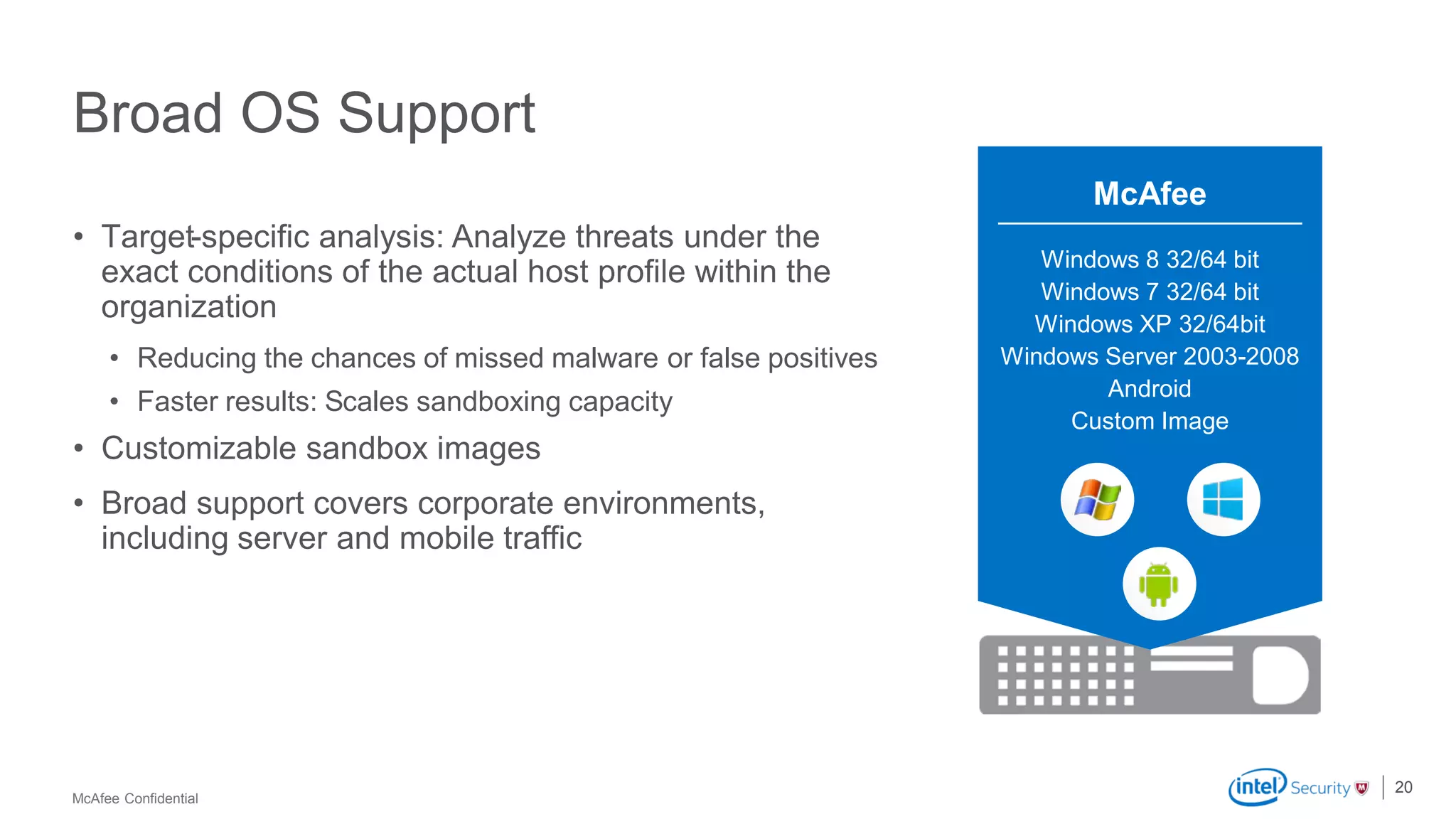 McAfee Confidential
Broad OS Support
• Target-specific analysis: Analyze threats under the
exact conditions of the actual host profile within the
organization
• Reducing the chances of missed malware or false positives
• Faster results: Scales sandboxing capacity
• Customizable sandbox images
• Broad support covers corporate environments,
including server and mobile traffic
20
Windows 8 32/64 bit
Windows 7 32/64 bit
Windows XP 32/64bit
Windows Server 2003-2008
Android
Custom Image
McAfee
 