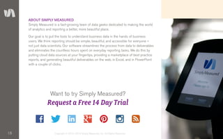 18 Copyright © 2010–2014 Simply Measured, Inc. All Rights Reserved.
ABOUT SIMPLY MEASURED
Simply Measured is a fast-growing team of data geeks dedicated to making the world
of analytics and reporting a better, more beautiful place.
Our goal is to put the tools to understand business data in the hands of business
users. We think reporting should be simple, beautiful, and accessible for everyone –
not just data scientists. Our software streamlines the process from data to deliverables
and eliminates the countless hours spent on everyday reporting tasks. We do this by
putting cloud data sources at your fingertips, providing a marketplace of best practice
reports, and generating beautiful deliverables on the web, in Excel, and in PowerPoint
with a couple of clicks.
Want to try Simply Measured?
Request a Free 14 Day Trial
 