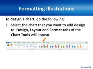 ©ivytarun2017
Formatting Illustrations
To design a chart, do the following:
1. Select the chart that you want to add design
to. Design, Layout and Format tabs of the
Chart Tools will appear.
 