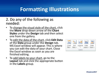 ©ivytarun2017
Formatting Illustrations
2. Do any of the following as
needed:
• To change the visual style of the chart, click
the More drop-down arrow of the Chart
Styles under the Design tab and then select
one from the gallery.
• To edit the data of the chart, click Edit Data
of the Data group under the Design tab.
MS Excel window will appear. This is where
you can edit the data of your chart. Close
the Excel window as soon as you are
finished editing.
• To add labels to your chart, go to the
Layout tab and click the appropriate button
in the Labels group.
 
