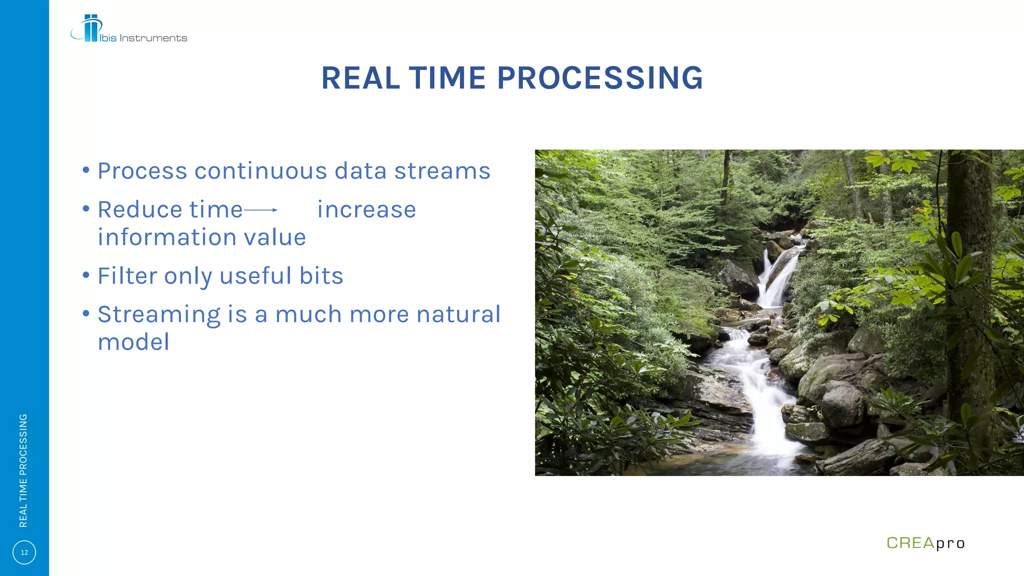 REAL TIME PROCESSING
• Process continuous data streams
• Reduce time increase
information value
• Filter only useful bits
• Streaming is a much more natural
model
REALTIMEPROCESSING
 