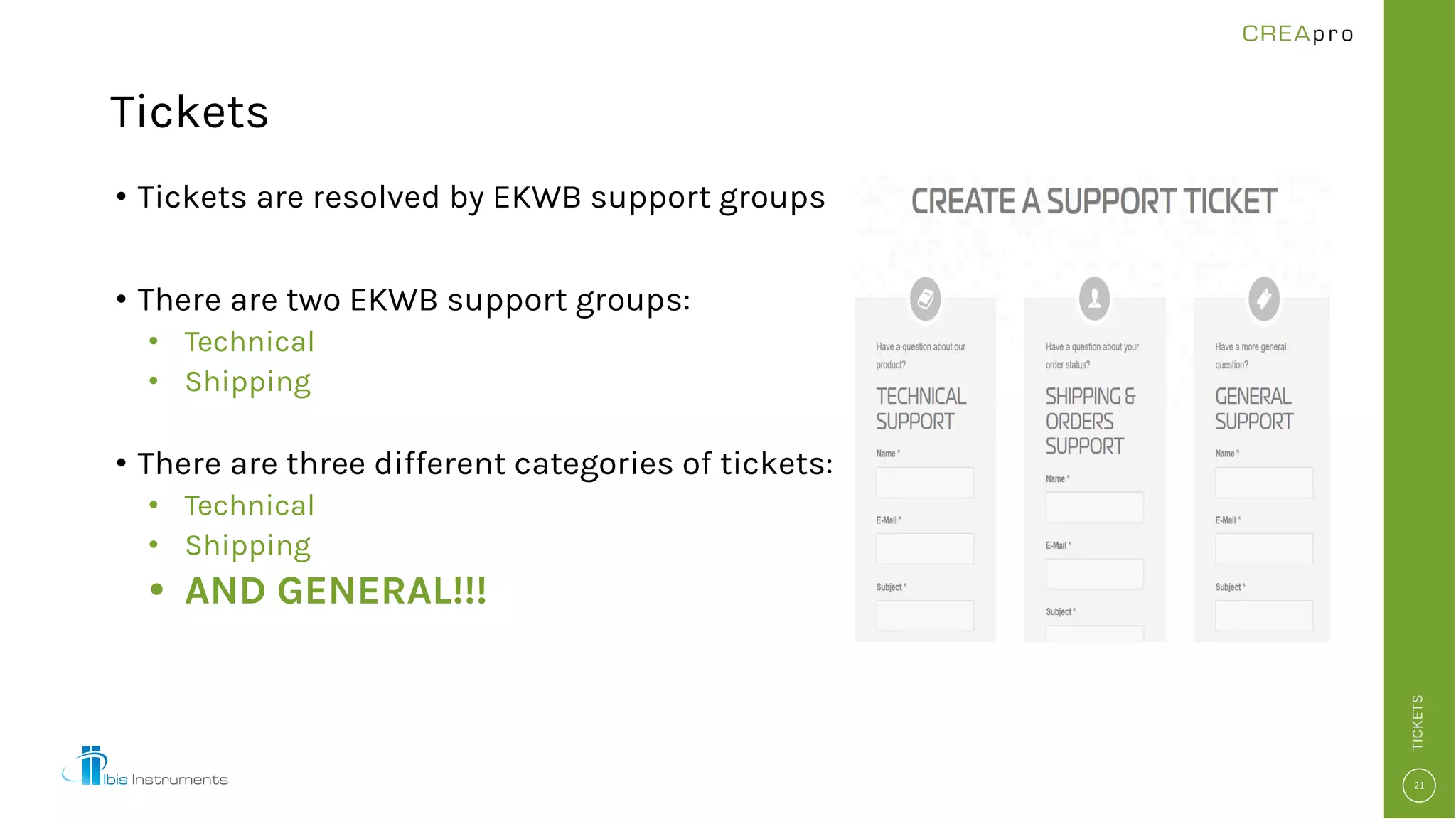 Tickets
• Tickets are resolved by EKWB support groups
• There are two EKWB support groups:
• Technical
• Shipping
• There are three different categories of tickets:
• Technical
• Shipping
• AND GENERAL!!!
TICKETS
 
