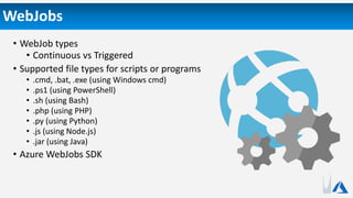 WebJobs
• WebJob types
• Continuous vs Triggered
• Supported file types for scripts or programs
• .cmd, .bat, .exe (using Windows cmd)
• .ps1 (using PowerShell)
• .sh (using Bash)
• .php (using PHP)
• .py (using Python)
• .js (using Node.js)
• .jar (using Java)
• Azure WebJobs SDK
 