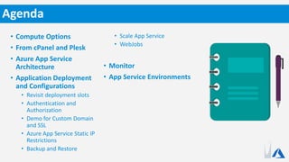 Agenda
• Compute Options
• From cPanel and Plesk
• Azure App Service
Architecture
• Application Deployment
and Configurations
• Revisit deployment slots
• Authentication and
Authorization
• Demo for Custom Domain
and SSL
• Azure App Service Static IP
Restrictions
• Backup and Restore
• Scale App Service
• WebJobs
• Monitor
• App Service Environments
 