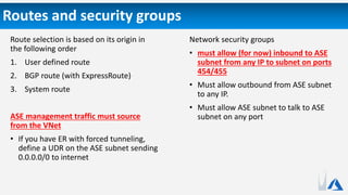 Routes and security groups
Route selection is based on its origin in
the following order
1. User defined route
2. BGP route (with ExpressRoute)
3. System route
ASE management traffic must source
from the VNet
• If you have ER with forced tunneling,
define a UDR on the ASE subnet sending
0.0.0.0/0 to internet
Network security groups
• must allow (for now) inbound to ASE
subnet from any IP to subnet on ports
454/455
• Must allow outbound from ASE subnet
to any IP.
• Must allow ASE subnet to talk to ASE
subnet on any port
 