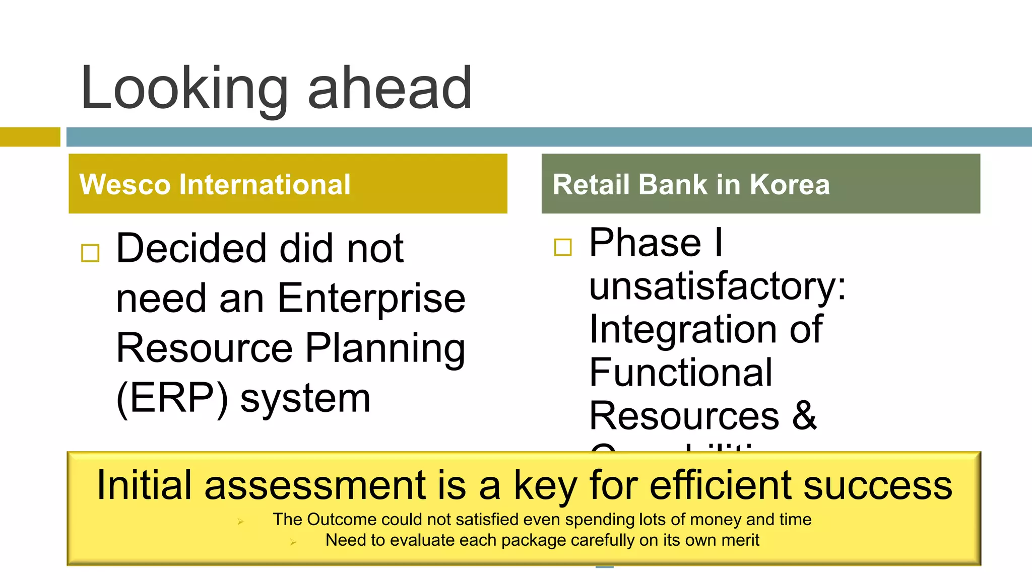 Looking ahead
Wesco International                              Retail Bank in Korea

   Decided did not          Phase I             

    need an Enterprise       unsatisfactory:
    Resource Planning        Integration of
                             Functional
    (ERP) system             Resources &
                             Capabilities
 Initial assessment is a key for efficient success
                                                        Diagnosis of CRM
              The Outcome could not satisfied even spending lots of money and time
                   Need to evaluate each package carefully on its own merit
                                                      
 