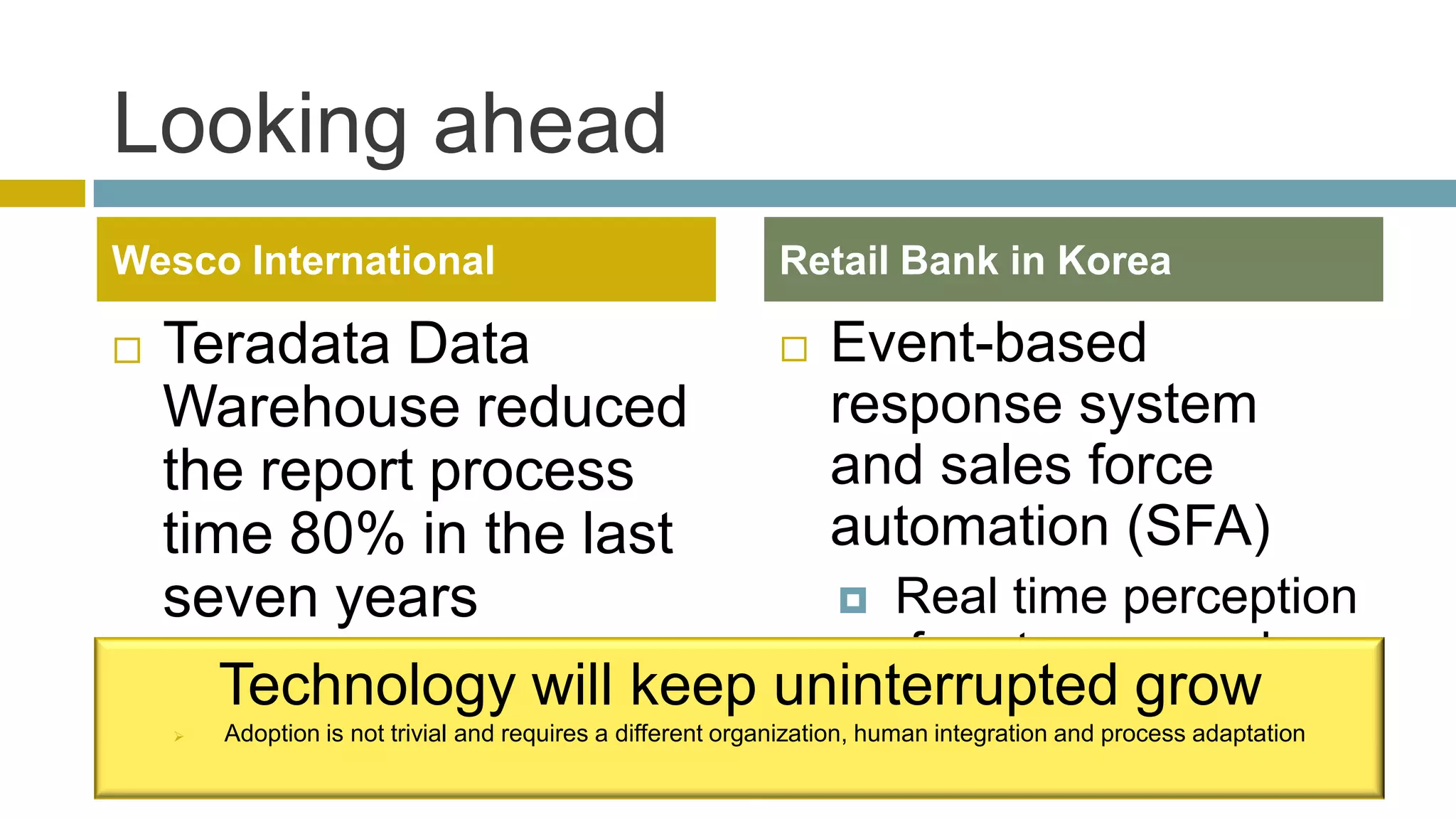 Looking ahead
Wesco International                                         Retail Bank in Korea

   Teradata Data            Event-based
    Warehouse reduced         response system
    the report process        and sales force
    time 80% in the last      automation (SFA)
    seven years                Real time perception
                                of customer needs
      Technology will keep uninterrupted grow
                                                                    
        Adoption is not trivial and requires a different organization, human integration and process adaptation
 