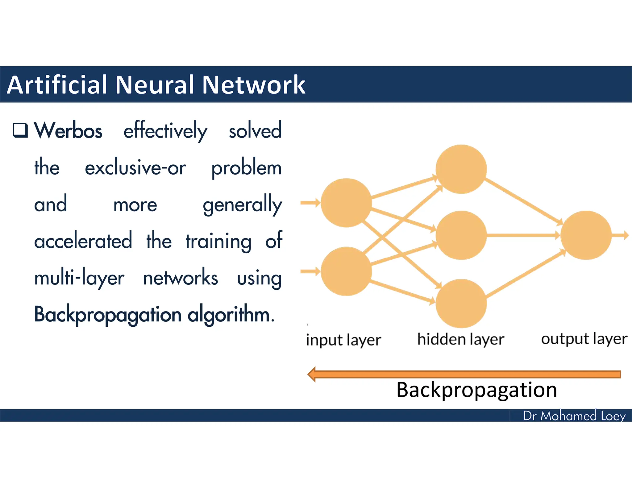  Werbos effectively solved
the exclusive-or problem
and more generally
accelerated the training of
multi-layer networks using
Backpropagation algorithm.
Backpropagation
 