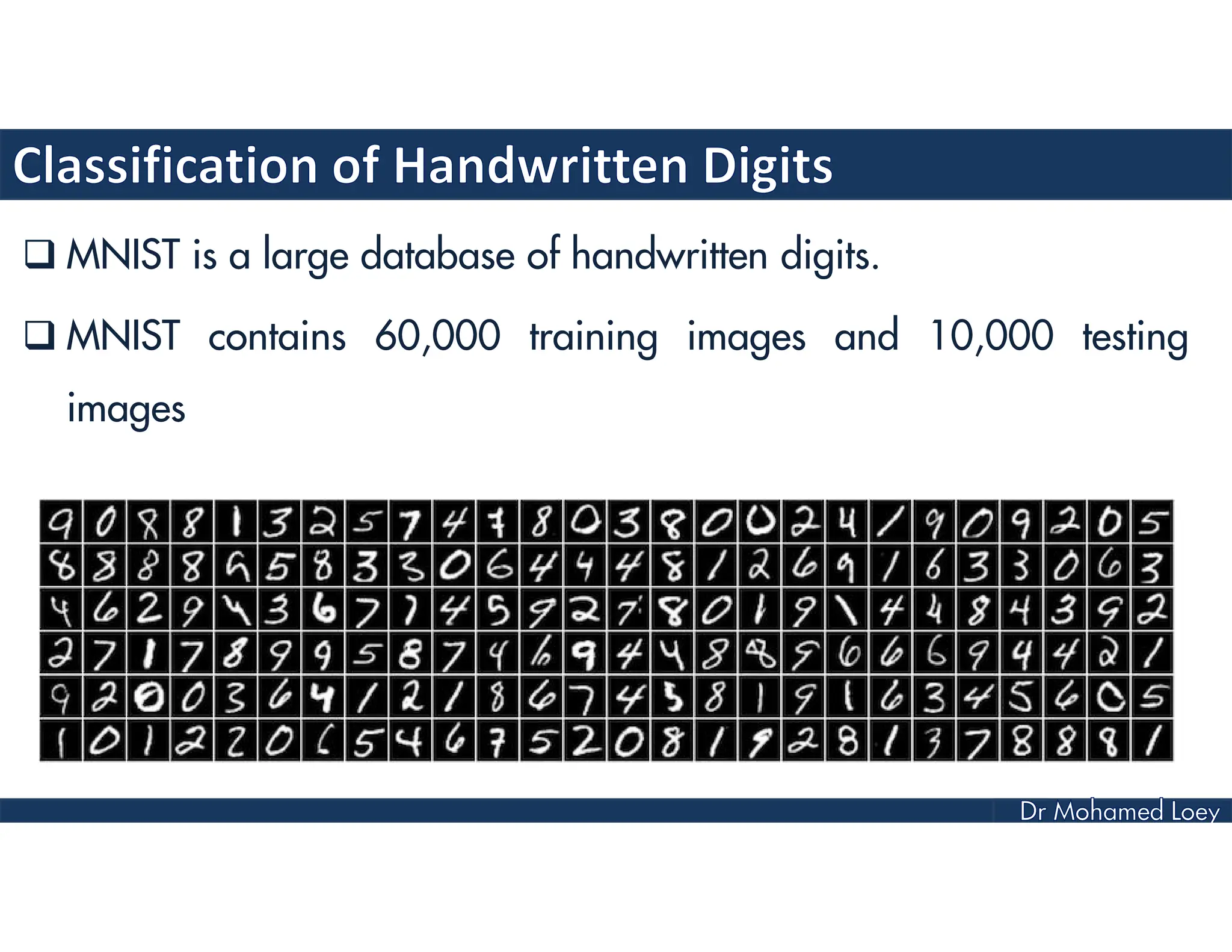  MNIST is a large database of handwritten digits.
 MNIST contains 60,000 training images and 10,000 testing
images
 
