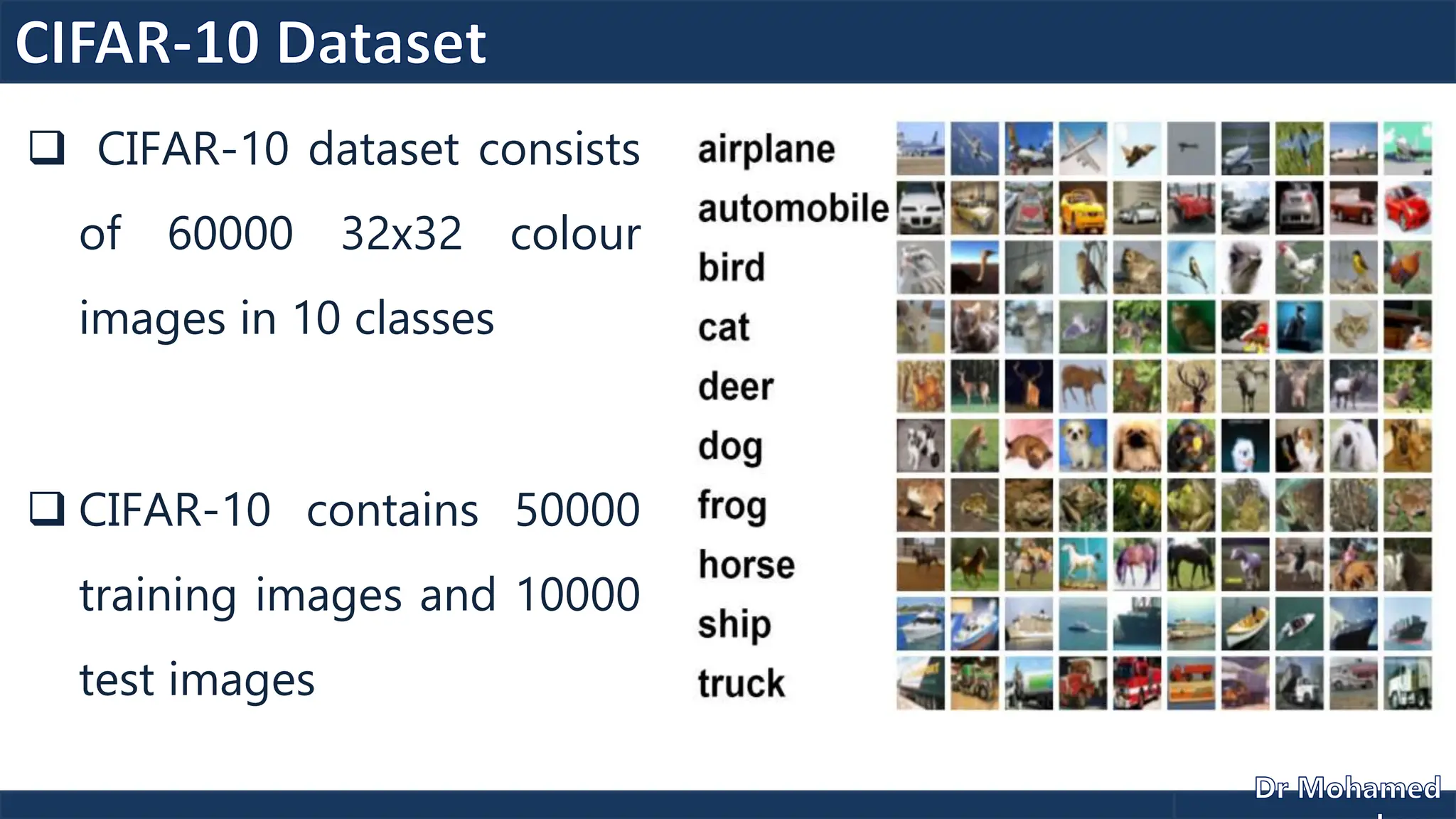  CIFAR-10 dataset consists
of 60000 32x32 colour
images in 10 classes
 CIFAR-10 contains 50000
training images and 10000
test images
 