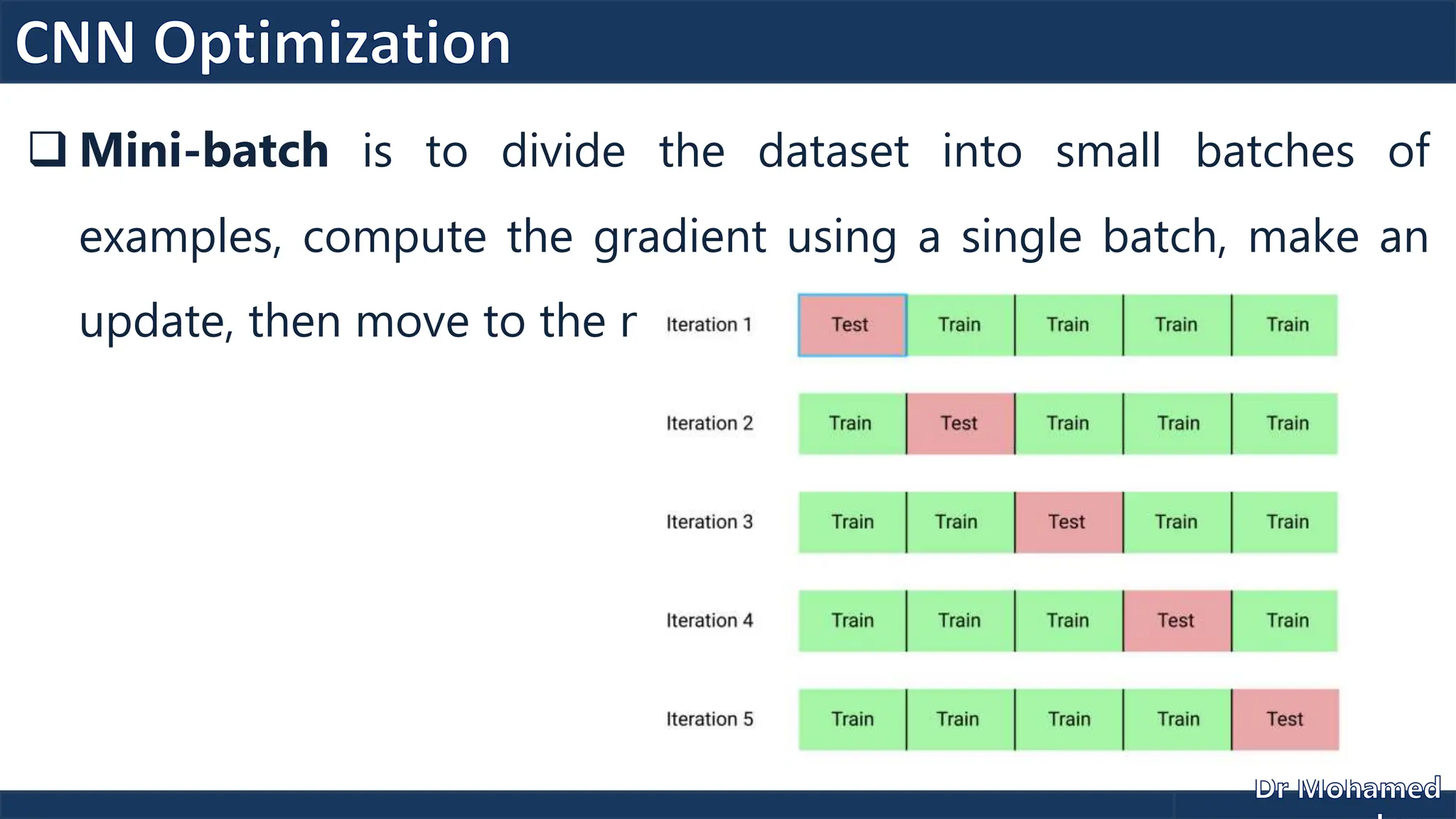  Mini-batch is to divide the dataset into small batches of
examples, compute the gradient using a single batch, make an
update, then move to the next batch.
 