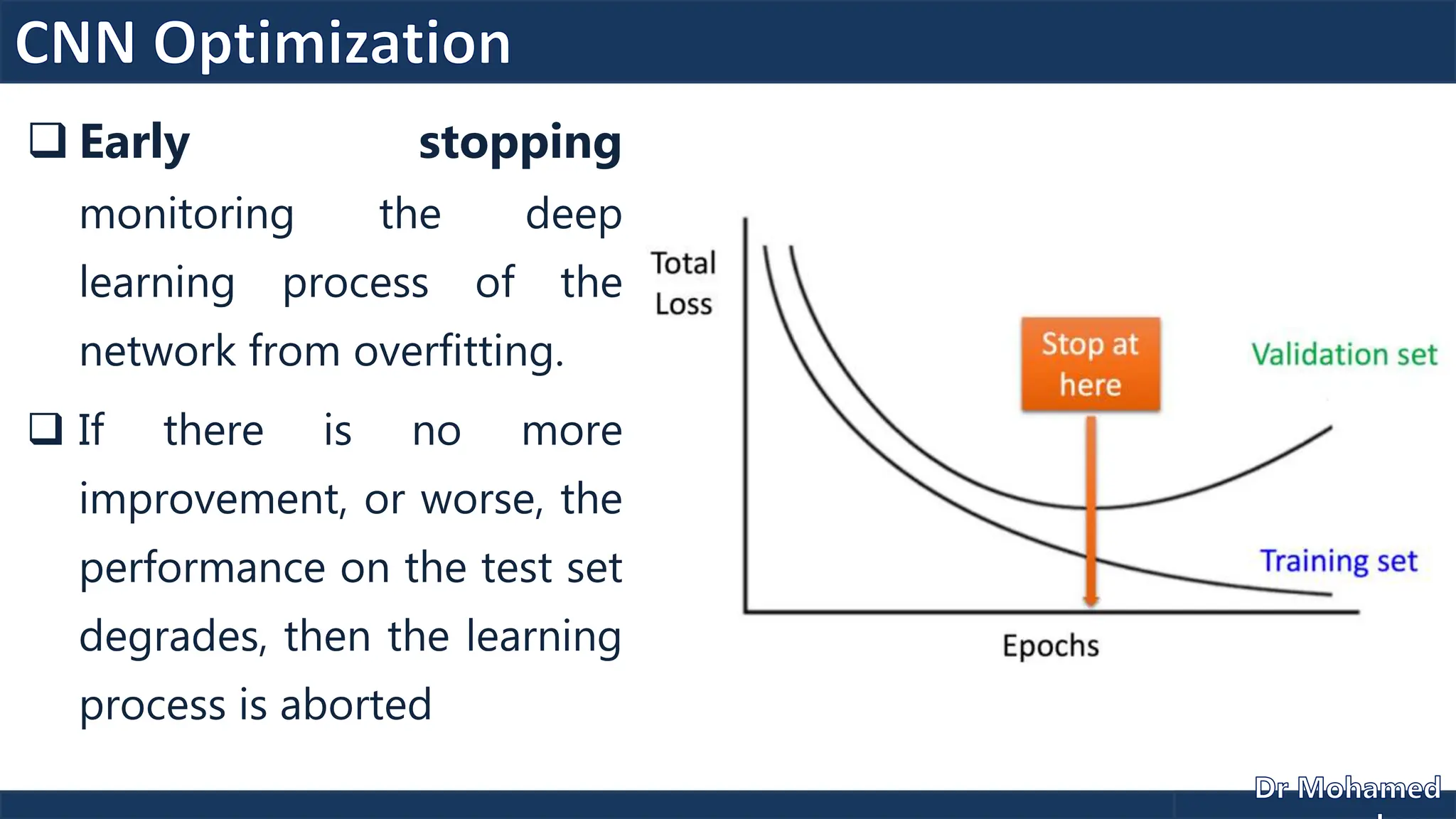  Early stopping
monitoring the deep
learning process of the
network from overfitting.
 If there is no more
improvement, or worse, the
performance on the test set
degrades, then the learning
process is aborted
 