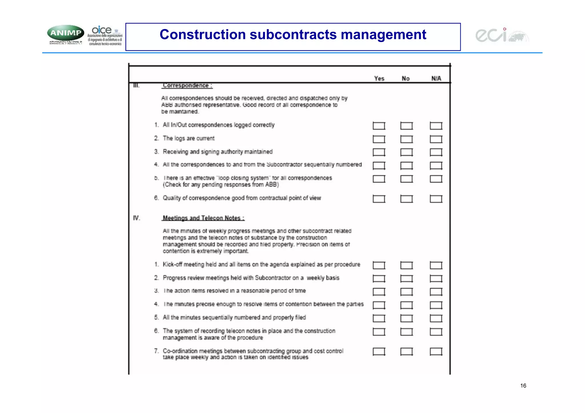 16
Construction subcontracts management
 