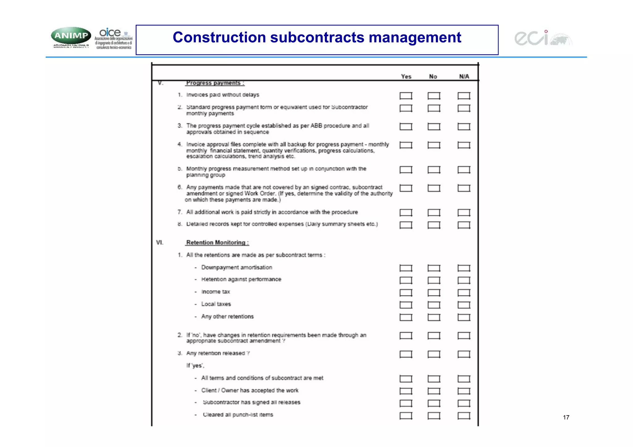 17
Construction subcontracts management
 