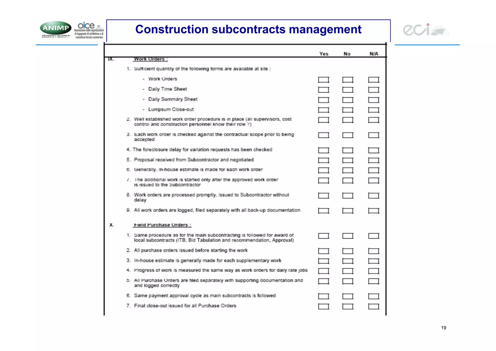 19
Construction subcontracts management
 