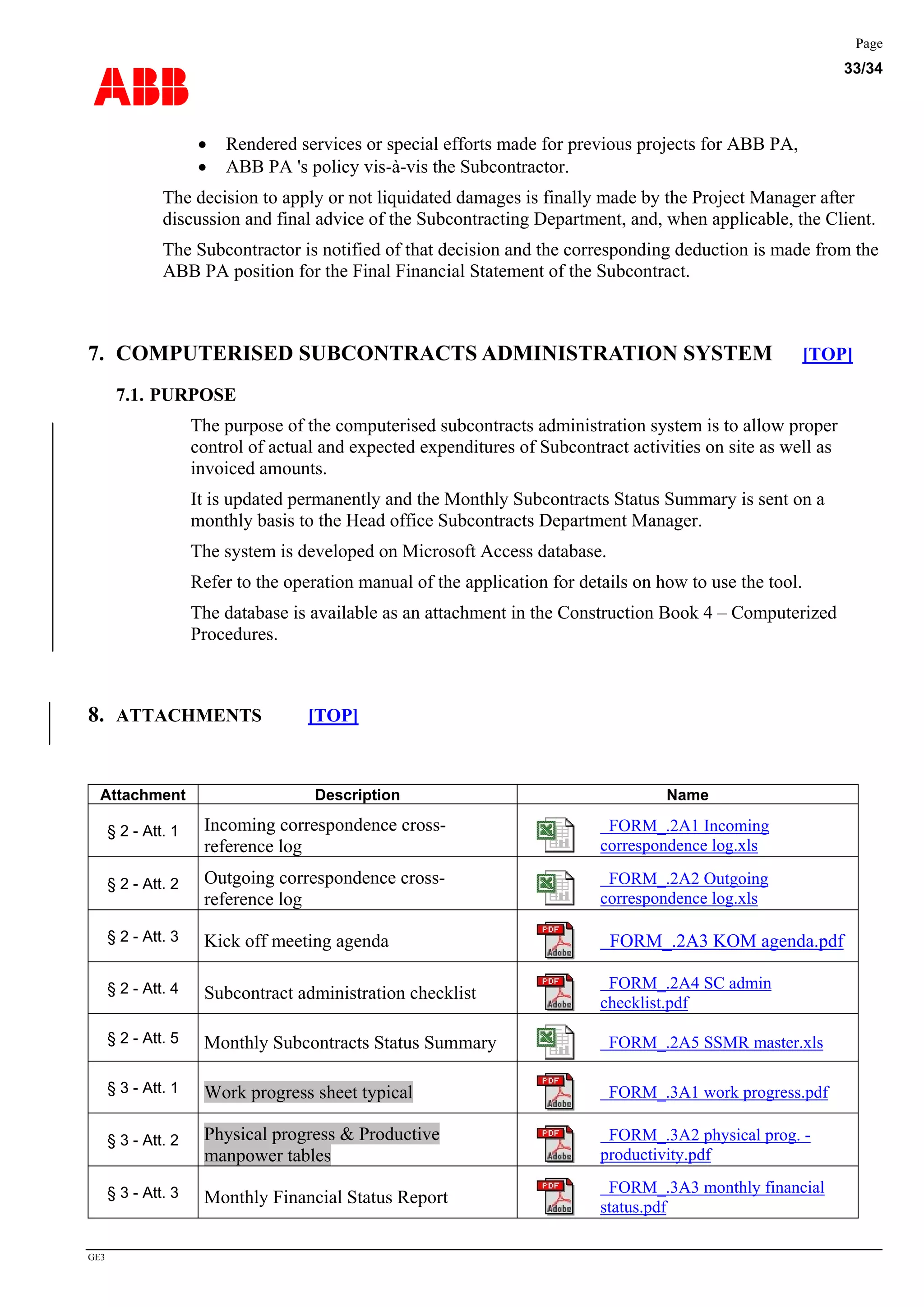 ABB
Page
33/34
GE3
• Rendered services or special efforts made for previous projects for ABB PA,
• ABB PA 's policy vis-à-vis the Subcontractor.
The decision to apply or not liquidated damages is finally made by the Project Manager after
discussion and final advice of the Subcontracting Department, and, when applicable, the Client.
The Subcontractor is notified of that decision and the corresponding deduction is made from the
ABB PA position for the Final Financial Statement of the Subcontract.
7. COMPUTERISED SUBCONTRACTS ADMINISTRATION SYSTEM [TOP]
7.1. PURPOSE
The purpose of the computerised subcontracts administration system is to allow proper
control of actual and expected expenditures of Subcontract activities on site as well as
invoiced amounts.
It is updated permanently and the Monthly Subcontracts Status Summary is sent on a
monthly basis to the Head office Subcontracts Department Manager.
The system is developed on Microsoft Access database.
Refer to the operation manual of the application for details on how to use the tool.
The database is available as an attachment in the Construction Book 4 – Computerized
Procedures.
8. ATTACHMENTS [TOP]
Attachment Description Name
§ 2 - Att. 1 Incoming correspondence cross-
reference log
FORM_.2A1 Incoming
correspondence log.xls
§ 2 - Att. 2 Outgoing correspondence cross-
reference log
FORM_.2A2 Outgoing
correspondence log.xls
§ 2 - Att. 3 Kick off meeting agenda FORM_.2A3 KOM agenda.pdf
§ 2 - Att. 4 Subcontract administration checklist
FORM_.2A4 SC admin
checklist.pdf
§ 2 - Att. 5 Monthly Subcontracts Status Summary FORM_.2A5 SSMR master.xls
§ 3 - Att. 1 Work progress sheet typical FORM_.3A1 work progress.pdf
§ 3 - Att. 2 Physical progress & Productive
manpower tables
FORM_.3A2 physical prog. -
productivity.pdf
§ 3 - Att. 3 Monthly Financial Status Report
FORM_.3A3 monthly financial
status.pdf
 