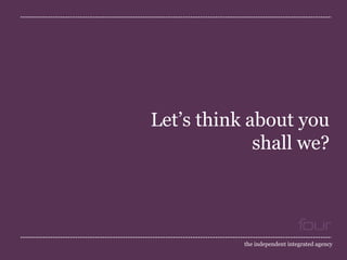 the independent integrated agency
Let’s think about you
shall we?
 