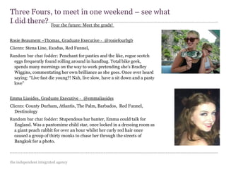 the independent integrated agency
Four the future: Meet the grads! 
Rosie Beaument –Thomas, Graduate Executive ­  @rosiefourbgb
Clients: Stena Line, Exodus, Red Funnel,
Random bar chat fodder: Penchant for pasties and the like, rogue scotch
eggs frequently found rolling around in handbag. Total bike geek,
spends many mornings on the way to work pretending she’s Bradley
Wiggins, commentating her own brilliance as she goes. Once over heard
saying: “Live fast die young?! Nah, live slow, have a sit down and a pasty
love”
Emma Liasides, Graduate Executive ­  @emmaliasides
Clients: County Durham, Atlantis, The Palm, Barbados, Red Funnel,
Destinology
Random bar chat fodder: Stupendous bar banter, Emma could talk for
England. Was a pantomime child star, once locked in a dressing room as
a giant peach rabbit for over an hour whilst her curly red hair once
caused a group of thirty monks to chase her through the streets of
Bangkok for a photo.
Three Fours, to meet in one weekend – see what
I did there?
 