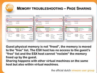 MEMORY TROUBLESHOOTING – PAGE SHARING




Guest physical memory is not “freed”, the memory is moved
to the “free” list. The ESX host has no access to the guest’s
“free” list and the ESX host cannot “reclaim” the memory
freed up by the guest.
Sharing happens with other virtual machines on the same
host but also within virtual machines.
 