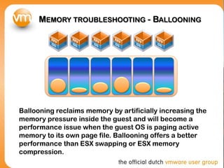MEMORY TROUBLESHOOTING - BALLOONING




Ballooning reclaims memory by artificially increasing the
memory pressure inside the guest and will become a
performance issue when the guest OS is paging active
memory to its own page file. Ballooning offers a better
performance than ESX swapping or ESX memory
compression.
 