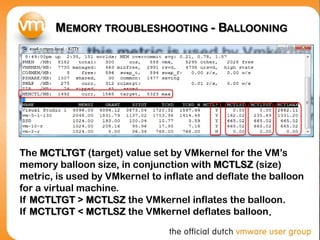 MEMORY TROUBLESHOOTING - BALLOONING




The MCTLTGT (target) value set by VMkernel for the VM’s
memory balloon size, in conjunction with MCTLSZ (size)
metric, is used by VMkernel to inflate and deflate the balloon
for a virtual machine.
If MCTLTGT > MCTLSZ the VMkernel inflates the balloon.
If MCTLTGT < MCTLSZ the VMkernel deflates balloon.
 