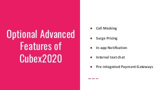 Optional Advanced
Features of
Cubex2020
● Call Masking
● Surge Pricing
● In-app Notification
● Internal text chat
● Pre-integrated Payment Gateways
 