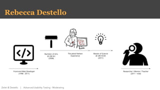 Rebecca Destello
Zeiler & Destello | Advanced Usability Testing - Moderating
Front-end Web Developer
(1998 - 2011)
Bachelo...