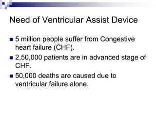 Need of Ventricular Assist Device

 5 million people suffer from Congestive
  heart failure (CHF).
 2,50,000 patients are in advanced stage of
  CHF.
 50,000 deaths are caused due to
  ventricular failure alone.
 
