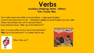 VerbsAuxiliary (Helping) Verbs - Others
Can, Could, May
‘Can’ really means the ability to do something – I can speak English.
‘Could’ is the past tense of ‘can’ – Yesterday I could not speak English but now I can.
Today many people use ‘can’ to ask permission.
Every teacher knows, “Can I go to the bathroom?”
‘May’ is a more polite word to use to ask permission.
“May I go to the bathroom?” is a better way to ask.
“May I help you?”
 
