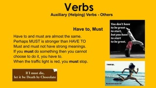 VerbsAuxiliary (Helping) Verbs - Others
Have to, Must
Have to and must are almost the same.
Perhaps MUST is stronger than HAVE TO
Must and must not have strong meanings.
If you must do something then you cannot
choose to do it, you have to.
When the traffic light is red, you must stop.
 