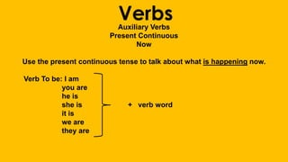 VerbsAuxiliary Verbs
Present Continuous
Now
Use the present continuous tense to talk about what is happening now.
Verb To be: I am
you are
he is
she is + verb word
it is
we are
they are
 