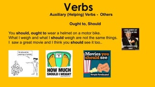 VerbsAuxiliary (Helping) Verbs - Others
Ought to, Should
You should, ought to wear a helmet on a motor bike.
What I weigh and what I should weigh are not the same things.
I saw a great movie and I think you should see it too..
 