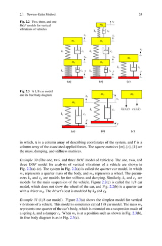 2.1 Newton–Euler Method                                                          53

Fig. 2.2 Two, three, and one
DOF models for vertical
vibrations of vehicles




Fig. 2.3 A 1/8 car model
and its free body diagram




in which, x is a column array of describing coordinates of the system, and f is a
column array of the associated applied forces. The square matrices [m], [c], [k] are
the mass, damping, and stiffness matrices.

Example 30 (The one, two, and three DOF model of vehicles) The one, two, and
three DOF model for analysis of vertical vibrations of a vehicle are shown in
Fig. 2.2(a)–(c). The system in Fig. 2.2(a) is called the quarter car model, in which
ms represents a quarter mass of the body, and mu represents a wheel. The param-
eters ku and cu are models for tire stiffness and damping. Similarly, ks and cu are
models for the main suspension of the vehicle. Figure 2.2(c) is called the 1/8 car
model, which does not show the wheel of the car, and Fig. 2.2(b) is a quarter car
with a driver md . The driver’s seat is modeled by kd and cd .

Example 31 (1/8 car model) Figure 2.3(a) shows the simplest model for vertical
vibrations of a vehicle. This model is sometimes called 1/8 car model. The mass ms
represents one quarter of the car’s body, which is mounted on a suspension made of
a spring ks and a damper cs . When ms is at a position such as shown in Fig. 2.3(b),
its free body diagram is as in Fig. 2.3(c).
 