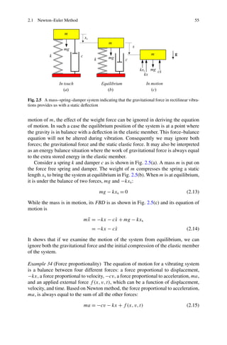 2.1 Newton–Euler Method                                                                        55




Fig. 2.5 A mass–spring–damper system indicating that the gravitational force in rectilinear vibra-
tions provides us with a static deﬂection


motion of m, the effect of the weight force can be ignored in deriving the equation
of motion. In such a case the equilibrium position of the system is at a point where
the gravity is in balance with a deﬂection in the elastic member. This force–balance
equation will not be altered during vibration. Consequently we may ignore both
forces; the gravitational force and the static elastic force. It may also be interpreted
as an energy balance situation where the work of gravitational force is always equal
to the extra stored energy in the elastic member.
    Consider a spring k and damper c as is shown in Fig. 2.5(a). A mass m is put on
the force free spring and damper. The weight of m compresses the spring a static
length xs to bring the system at equilibrium in Fig. 2.5(b). When m is at equilibrium,
it is under the balance of two forces, mg and −kxs :

                                        mg − kxs = 0                                      (2.13)

While the mass is in motion, its FBD is as shown in Fig. 2.5(c) and its equation of
motion is

                               mx = −kx − cx + mg − kxs
                                ¨          ˙
                                    = −kx − cx
                                             ˙                                            (2.14)

It shows that if we examine the motion of the system from equilibrium, we can
ignore both the gravitational force and the initial compression of the elastic member
of the system.

Example 34 (Force proportionality) The equation of motion for a vibrating system
is a balance between four different forces: a force proportional to displacement,
−kx, a force proportional to velocity, −cv, a force proportional to acceleration, ma,
and an applied external force f (x, v, t), which can be a function of displacement,
velocity, and time. Based on Newton method, the force proportional to acceleration,
ma, is always equal to the sum of all the other forces:

                                ma = −cv − kx + f (x, v, t)                               (2.15)
 