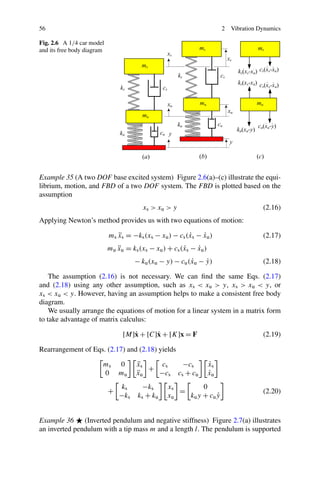 56                                                                       2   Vibration Dynamics

Fig. 2.6 A 1/4 car model
and its free body diagram




Example 35 (A two DOF base excited system) Figure 2.6(a)–(c) illustrate the equi-
librium, motion, and FBD of a two DOF system. The FBD is plotted based on the
assumption
                                         xs > x u > y                                   (2.16)
Applying Newton’s method provides us with two equations of motion:

                            ms xs = −ks (xs − xu ) − cs (xs − xu )
                               ¨                         ˙    ˙                         (2.17)
                            mu xu = ks (xs − xu ) + cs (xs − xu )
                               ¨                        ˙    ˙
                                      − ku (xu − y) − cu (xu − y)
                                                          ˙    ˙                        (2.18)

    The assumption (2.16) is not necessary. We can ﬁnd the same Eqs. (2.17)
and (2.18) using any other assumption, such as xs < xu > y, xs > xu < y, or
xs < xu < y. However, having an assumption helps to make a consistent free body
diagram.
    We usually arrange the equations of motion for a linear system in a matrix form
to take advantage of matrix calculus:

                                 [M]˙ + [C]˙ + [K]x = F
                                    x      x                                            (2.19)

Rearrangement of Eqs. (2.17) and (2.18) yields

                        ms      0     ¨
                                      xs    cs            −cs       ˙
                                                                    xs
                                         +
                        0       mu    ¨
                                      xu   −cs          cs + cu     ˙
                                                                    xu
                                 ks      −ks      xs        0
                            +                        =                                  (2.20)
                                −ks    ks + ku    xu   ku y + c u y
                                                                  ˙


Example 36     (Inverted pendulum and negative stiffness) Figure 2.7(a) illustrates
an inverted pendulum with a tip mass m and a length l. The pendulum is supported
 