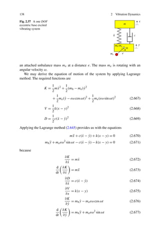 138                                                           2     Vibration Dynamics

Fig. 2.37 A one DOF
eccentric base excited
vibrating system




an attached unbalance mass me at a distance e. The mass me is rotating with an
angular velocity ω.
   We may derive the equation of motion of the system by applying Lagrange
method. The required functions are

                      1        1
                   K = mx 2 + (mb − me )y 2
                         ˙               ˙
                      2        2
                        1                    1
                      + me (y − eω cos ωt)2 + me (eω sin ωt)2
                              ˙                                               (2.667)
                        2                    2
                      1
                   V = k(x − y)2                                              (2.668)
                      2
                      1
                   D = c(x − y)2
                         ˙ ˙                                                  (2.669)
                      2
Applying the Lagrange method (2.645) provides us with the equations

                                    mx + c(x − y) + k(x − y) = 0
                                     ¨     ˙ ˙                                (2.670)
                   mb y + me eω2 sin ωt − c(x − y) − k(x − y) = 0
                      ¨                     ˙ ˙                               (2.671)

because
                                ∂K
                                    = mx
                                       ˙                                      (2.672)
                                ∂x˙
                          d    ∂K
                                    = mx
                                       ¨                                      (2.673)
                          dt    ˙
                               ∂x
                                ∂D
                                   = c(x − y)
                                       ˙ ˙                                    (2.674)
                                 ˙
                                ∂x
                                ∂V
                                   = k(x − y)                                 (2.675)
                                ∂x
                                ∂K
                                   = mb y − me eω cos ωt
                                        ˙                                     (2.676)
                                 ˙
                                ∂y
                          d    ∂K
                                    = mb y + me eω2 sin ωt
                                         ¨                                    (2.677)
                          dt    ˙
                               ∂y
 