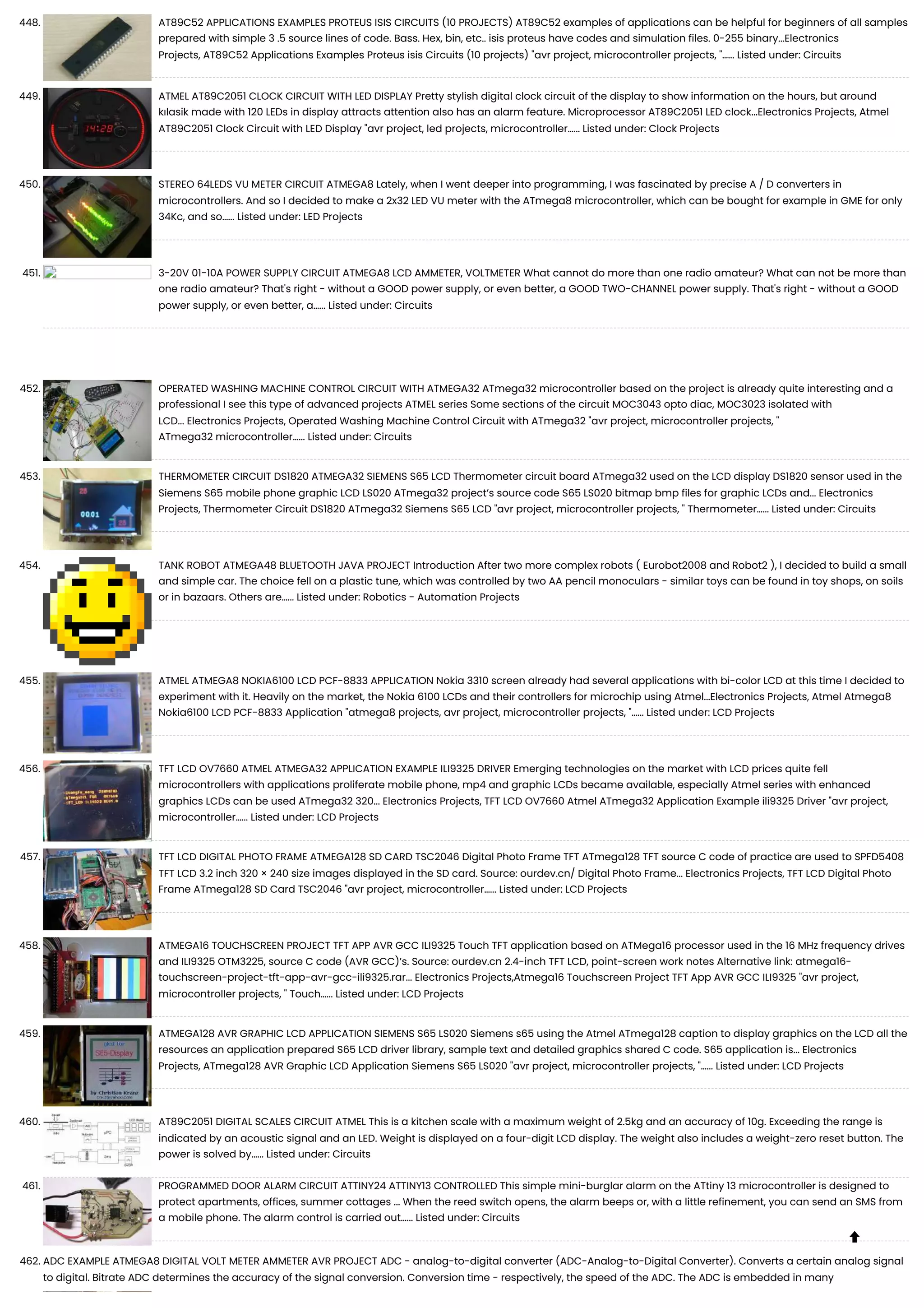 448. AT89C52 APPLICATIONS EXAMPLES PROTEUS ISIS CIRCUITS (10 PROJECTS) AT89C52 examples of applications can be helpful for beginners of all samples prepared with simple 3 .5 source lines of code. Bass. Hex, bin, etc.. isis proteus have codes and simulation files. 0-255 binary...Electronics Projects, AT89C52 Applications Examples Proteus isis Circuits (10 projects) "avr project, microcontroller projects, "…... Listed under: Circuits 449. ATMEL AT89C2051 CLOCK CIRCUIT WITH LED DISPLAY Pretty stylish digital clock circuit of the display to show information on the hours, but around kılasik made with 120 LEDs in display attracts attention also has an alarm feature. Microprocessor AT89C2051 LED clock...Electronics Projects, Atmel AT89C2051 Clock Circuit with LED Display "avr project, led projects, microcontroller…... Listed under: Clock Projects 450. STEREO 64LEDS VU METER CIRCUIT ATMEGA8 Lately, when I went deeper into programming, I was fascinated by precise A / D converters in microcontrollers. And so I decided to make a 2x32 LED VU meter with the ATmega8 microcontroller, which can be bought for example in GME for only 34Kc, and so…... Listed under: LED Projects 451. 3-20V 01-10A POWER SUPPLY CIRCUIT ATMEGA8 LCD AMMETER, VOLTMETER What cannot do more than one radio amateur? What can not be more than one radio amateur? That's right - without a GOOD power supply, or even better, a GOOD TWO-CHANNEL power supply. That's right - without a GOOD power supply, or even better, a…... Listed under: Circuits 452. OPERATED WASHING MACHINE CONTROL CIRCUIT WITH ATMEGA32 ATmega32 microcontroller based on the project is already quite interesting and a professional I see this type of advanced projects ATMEL series Some sections of the circuit MOC3043 opto diac, MOC3023 isolated with LCD... Electronics Projects, Operated Washing Machine Control Circuit with ATmega32 "avr project, microcontroller projects, " ATmega32 microcontroller…... Listed under: Circuits 453. THERMOMETER CIRCUIT DS1820 ATMEGA32 SIEMENS S65 LCD Thermometer circuit board ATmega32 used on the LCD display DS1820 sensor used in the Siemens S65 mobile phone graphic LCD LS020 ATmega32 project’s source code S65 LS020 bitmap bmp files for graphic LCDs and... Electronics Projects, Thermometer Circuit DS1820 ATmega32 Siemens S65 LCD "avr project, microcontroller projects, " Thermometer…... Listed under: Circuits 454. TANK ROBOT ATMEGA48 BLUETOOTH JAVA PROJECT Introduction After two more complex robots ( Eurobot2008 and Robot2 ), I decided to build a small and simple car. The choice fell on a plastic tune, which was controlled by two AA pencil monoculars - similar toys can be found in toy shops, on soils or in bazaars. Others are…... Listed under: Robotics - Automation Projects 455. ATMEL ATMEGA8 NOKIA6100 LCD PCF-8833 APPLICATION Nokia 3310 screen already had several applications with bi-color LCD at this time I decided to experiment with it. Heavily on the market, the Nokia 6100 LCDs and their controllers for microchip using Atmel...Electronics Projects, Atmel Atmega8 Nokia6100 LCD PCF-8833 Application "atmega8 projects, avr project, microcontroller projects, "…... Listed under: LCD Projects 456. TFT LCD OV7660 ATMEL ATMEGA32 APPLICATION EXAMPLE ILI9325 DRIVER Emerging technologies on the market with LCD prices quite fell microcontrollers with applications proliferate mobile phone, mp4 and graphic LCDs became available, especially Atmel series with enhanced graphics LCDs can be used ATmega32 320... Electronics Projects, TFT LCD OV7660 Atmel ATmega32 Application Example ili9325 Driver "avr project, microcontroller…... Listed under: LCD Projects 457. TFT LCD DIGITAL PHOTO FRAME ATMEGA128 SD CARD TSC2046 Digital Photo Frame TFT ATmega128 TFT source C code of practice are used to SPFD5408 TFT LCD 3.2 inch 320 × 240 size images displayed in the SD card. Source: ourdev.cn/ Digital Photo Frame... Electronics Projects, TFT LCD Digital Photo Frame ATmega128 SD Card TSC2046 "avr project, microcontroller…... Listed under: LCD Projects 458. ATMEGA16 TOUCHSCREEN PROJECT TFT APP AVR GCC ILI9325 Touch TFT application based on ATMega16 processor used in the 16 MHz frequency drives and ILI9325 OTM3225, source C code (AVR GCC)’s. Source: ourdev.cn 2.4-inch TFT LCD, point-screen work notes Alternative link: atmega16- touchscreen-project-tft-app-avr-gcc-ili9325.rar... Electronics Projects,Atmega16 Touchscreen Project TFT App AVR GCC ILI9325 "avr project, microcontroller projects, " Touch…... Listed under: LCD Projects 459. ATMEGA128 AVR GRAPHIC LCD APPLICATION SIEMENS S65 LS020 Siemens s65 using the Atmel ATmega128 caption to display graphics on the LCD all the resources an application prepared S65 LCD driver library, sample text and detailed graphics shared C code. S65 application is... Electronics Projects, ATmega128 AVR Graphic LCD Application Siemens S65 LS020 "avr project, microcontroller projects, "…... Listed under: LCD Projects 460. AT89C2051 DIGITAL SCALES CIRCUIT ATMEL This is a kitchen scale with a maximum weight of 2.5kg and an accuracy of 10g. Exceeding the range is indicated by an acoustic signal and an LED. Weight is displayed on a four-digit LCD display. The weight also includes a weight-zero reset button. The power is solved by…... Listed under: Circuits 461. PROGRAMMED DOOR ALARM CIRCUIT ATTINY24 ATTINY13 CONTROLLED This simple mini-burglar alarm on the ATtiny 13 microcontroller is designed to protect apartments, offices, summer cottages ... When the reed switch opens, the alarm beeps or, with a little refinement, you can send an SMS from a mobile phone. The alarm control is carried out…... Listed under: Circuits 462. ADC EXAMPLE ATMEGA8 DIGITAL VOLT METER AMMETER AVR PROJECT ADC - analog-to-digital converter (ADC-Analog-to-Digital Converter). Converts a certain analog signal to digital. Bitrate ADC determines the accuracy of the signal conversion. Conversion time - respectively, the speed of the ADC. The ADC is embedded in many  