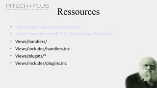 Ressources

https://api.drupal.org/api/views/


Views/handlers/

Views/includes/handlers.inc

Views/plugins/*

Views/includes/plugins.inc
Views development de F.G. Marand sur Slideshare
 